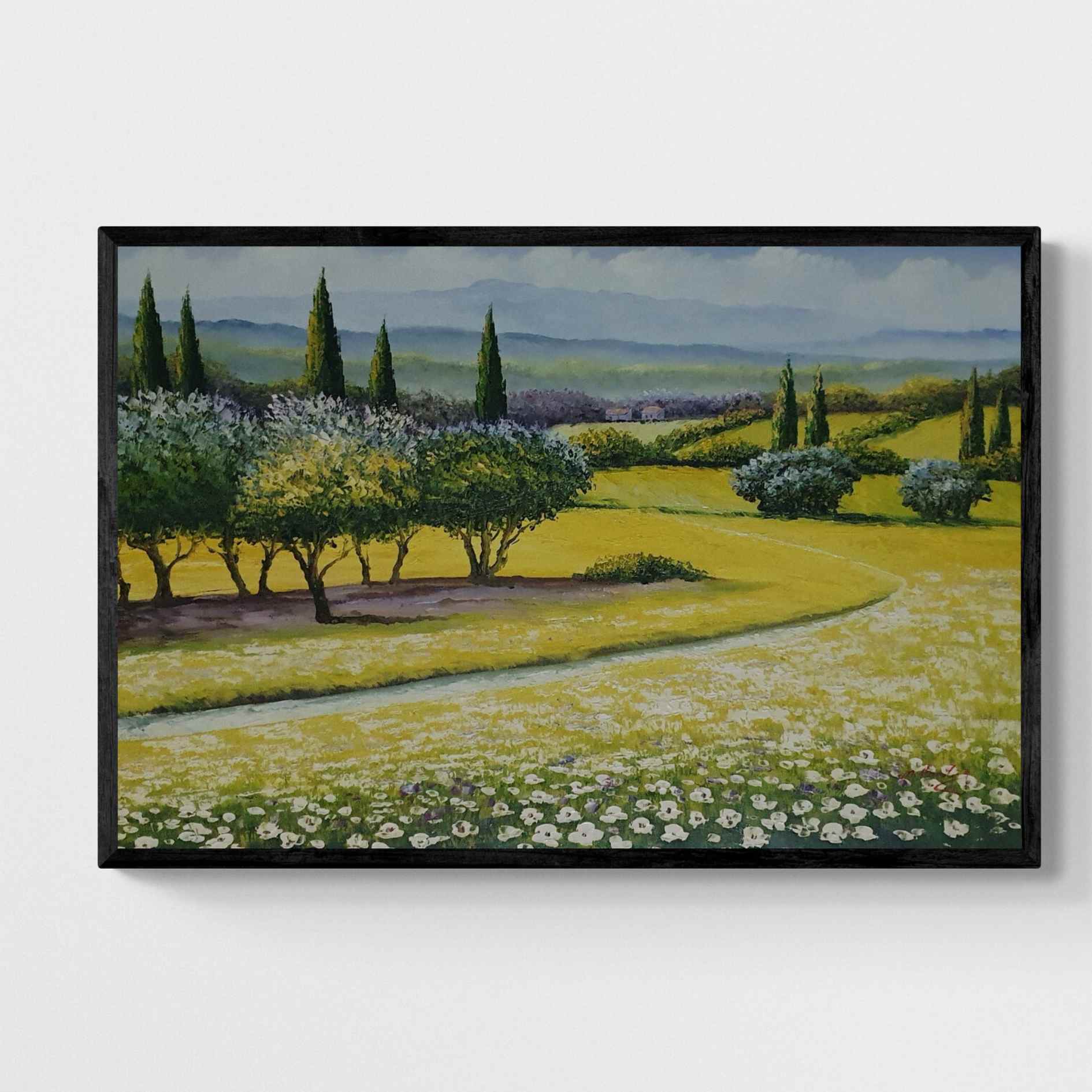 Pintura hecha a mano con árboles y colinas