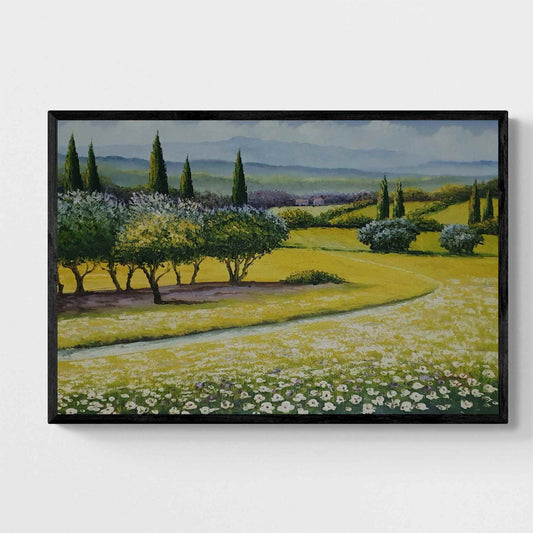 Pintura hecha a mano con árboles y colinas