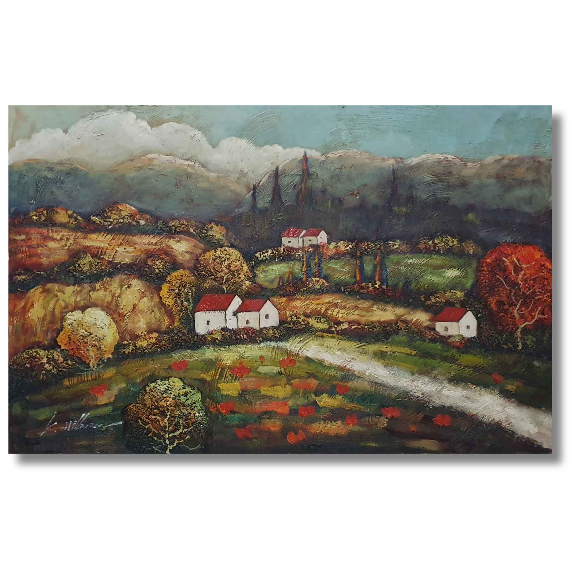 Paisaje colorido pintado en óleo sobre lienzo