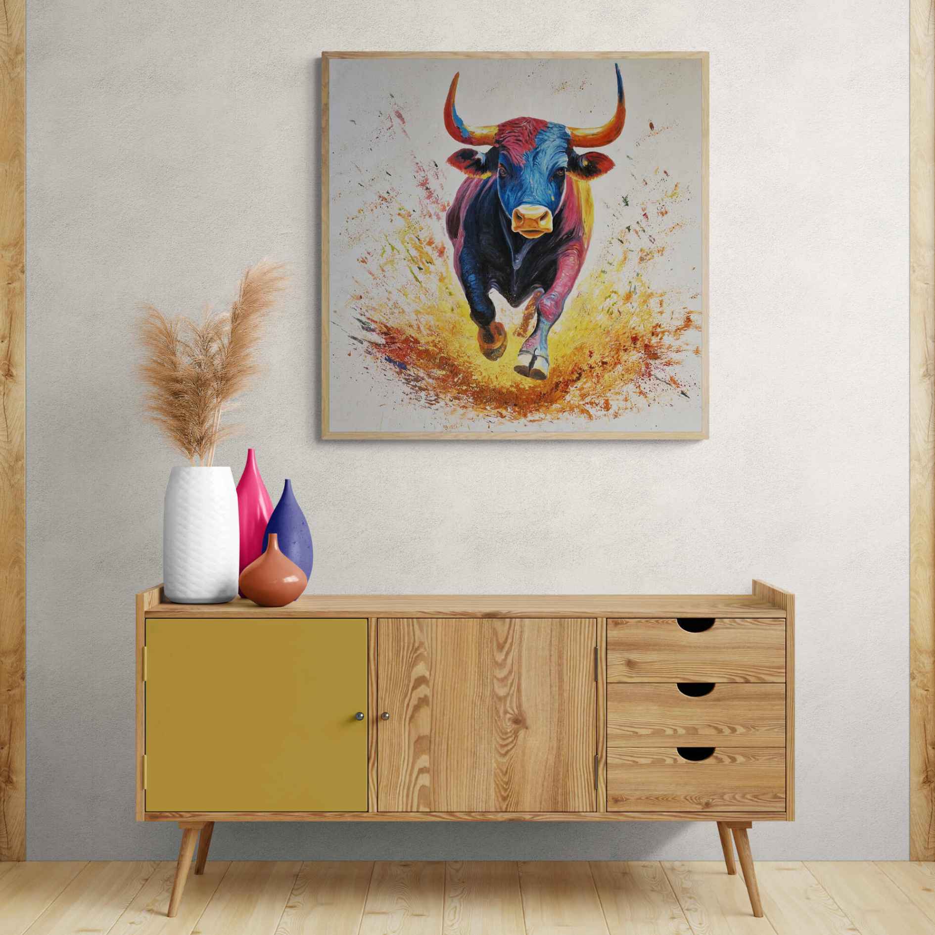 Pintura al óleo de toro moderno sobre fondo claro