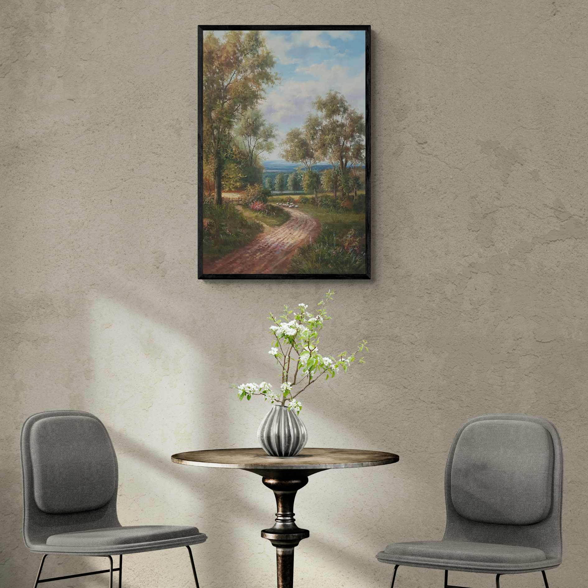 Pintura sobre lienzo de paisaje natural con sendero curvo