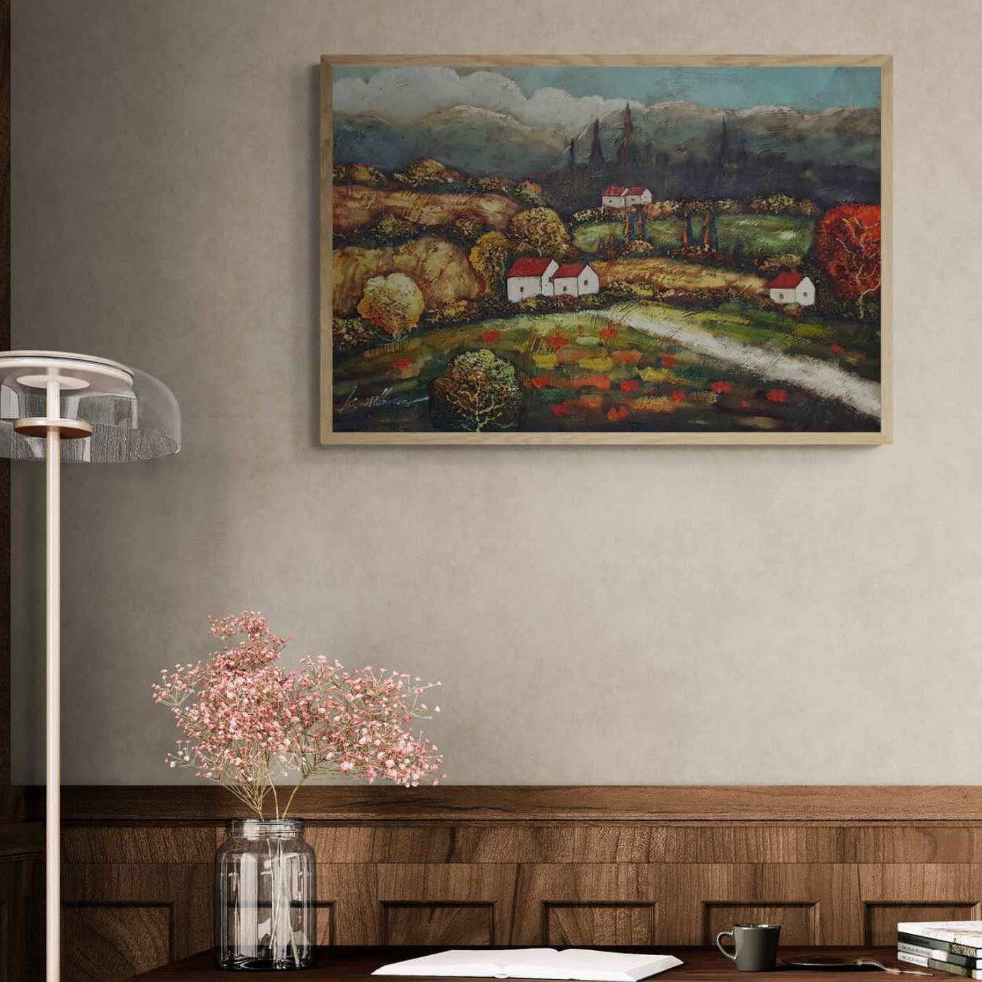 Pintura al óleo con colinas verdes y árboles otoñales