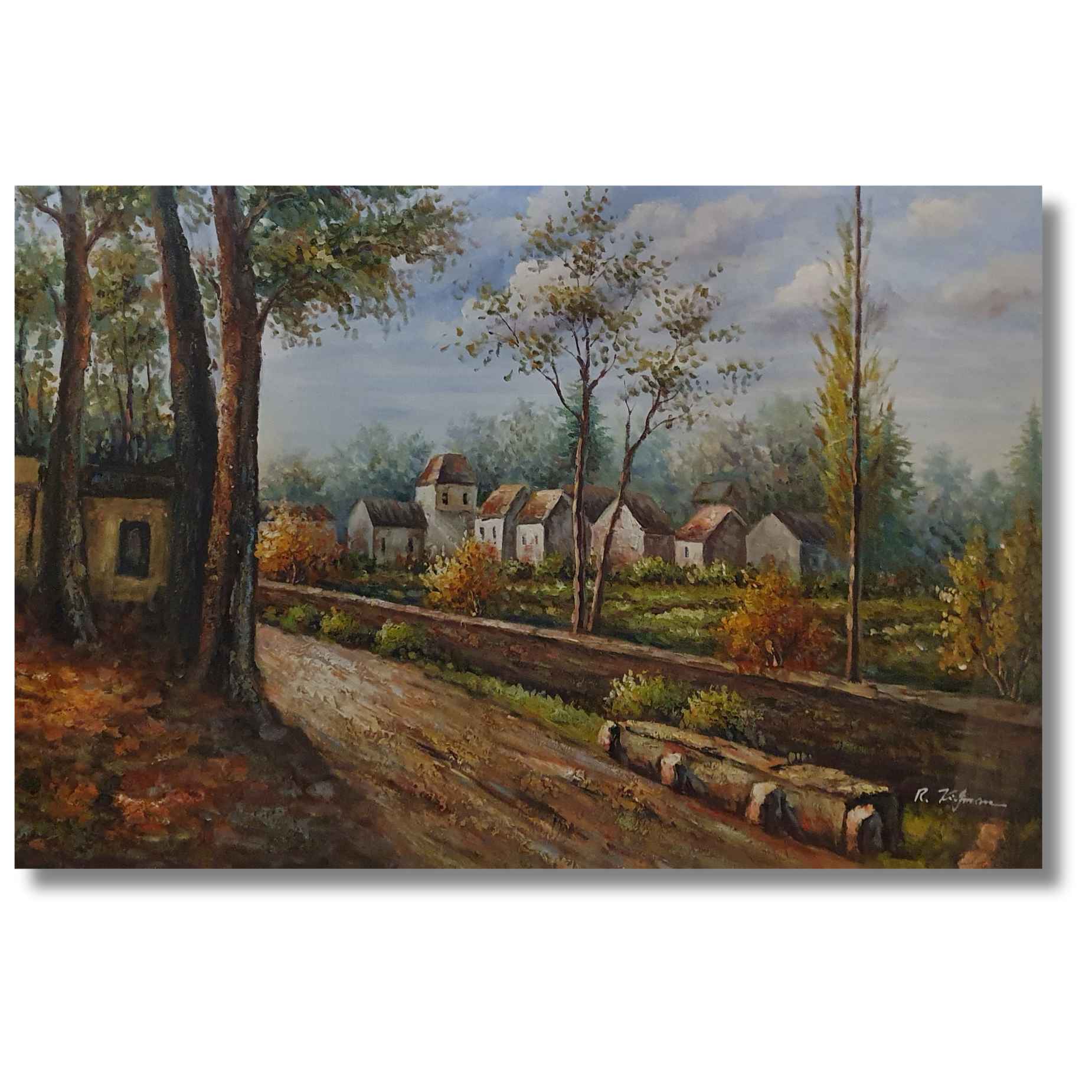 Paisaje sereno de aldea campestre pintado sobre lienzo