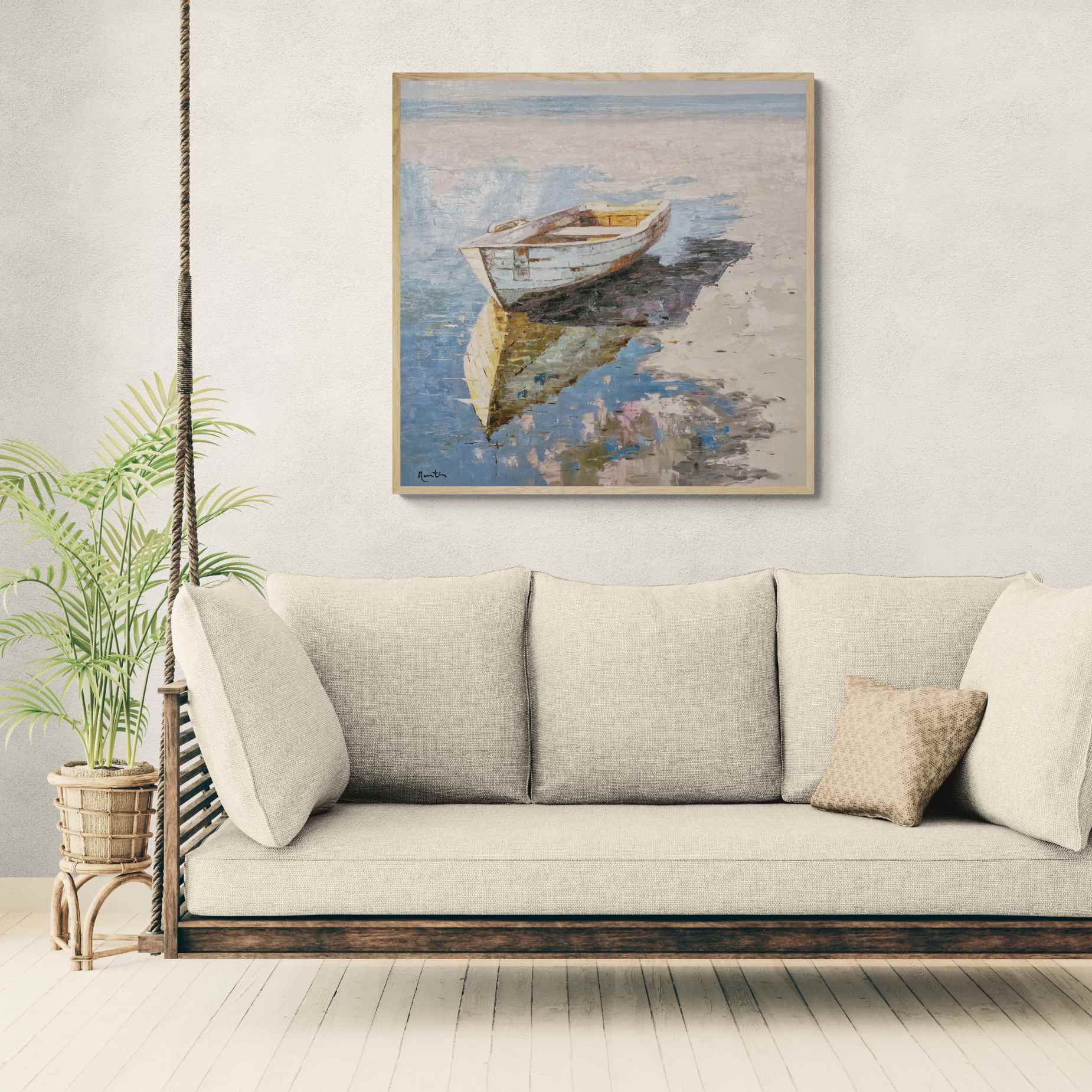 Pintura al óleo artesanal estilo marinero decorando pared