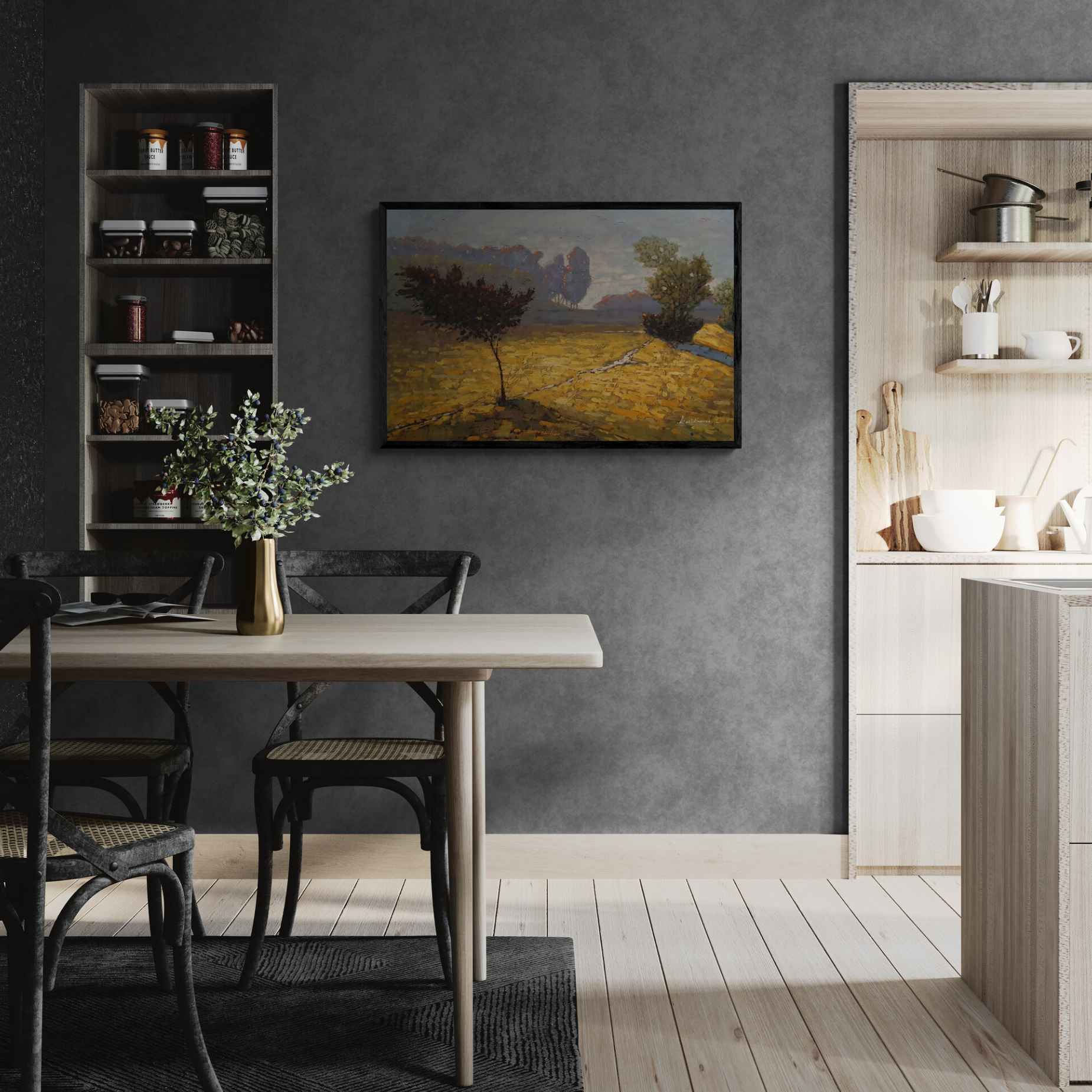 Escena de campo iluminado por el sol de la tarde