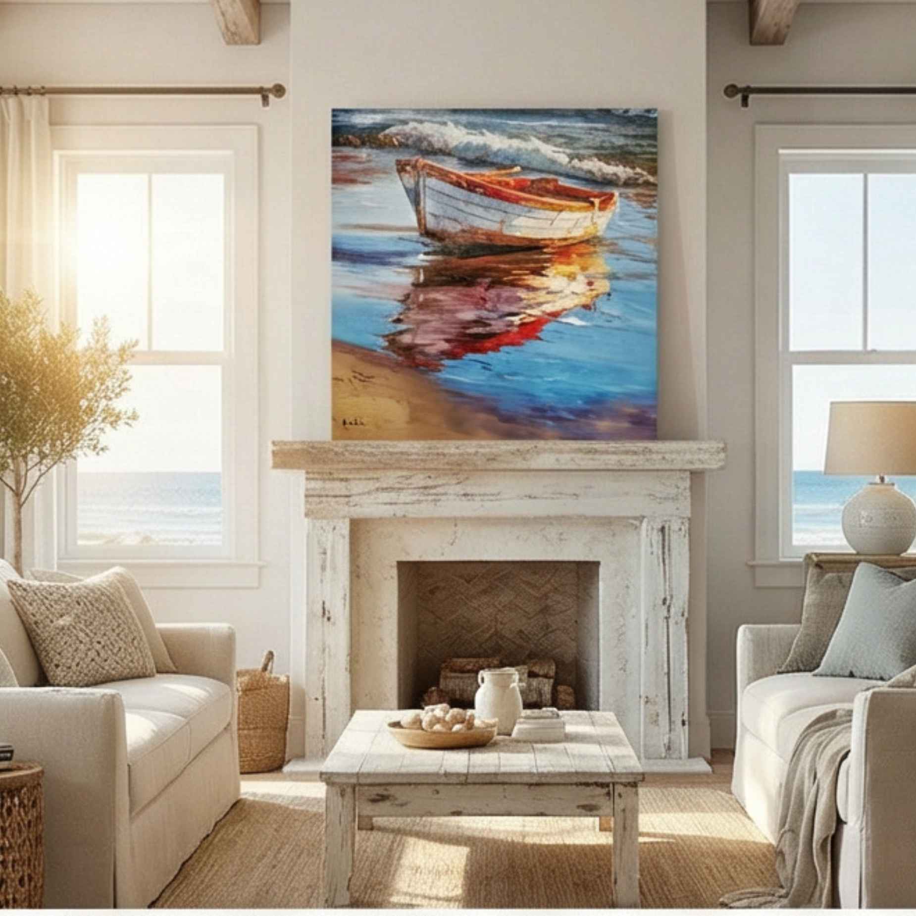 Obra de arte en lienzo con barca sobre la arena y olas