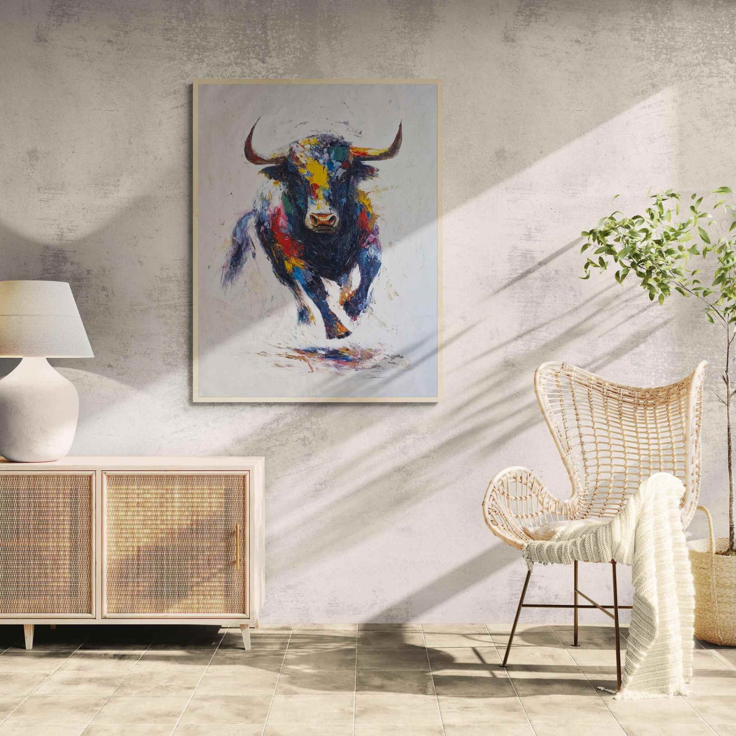 Pintura artística de toro con textura y colores vivos