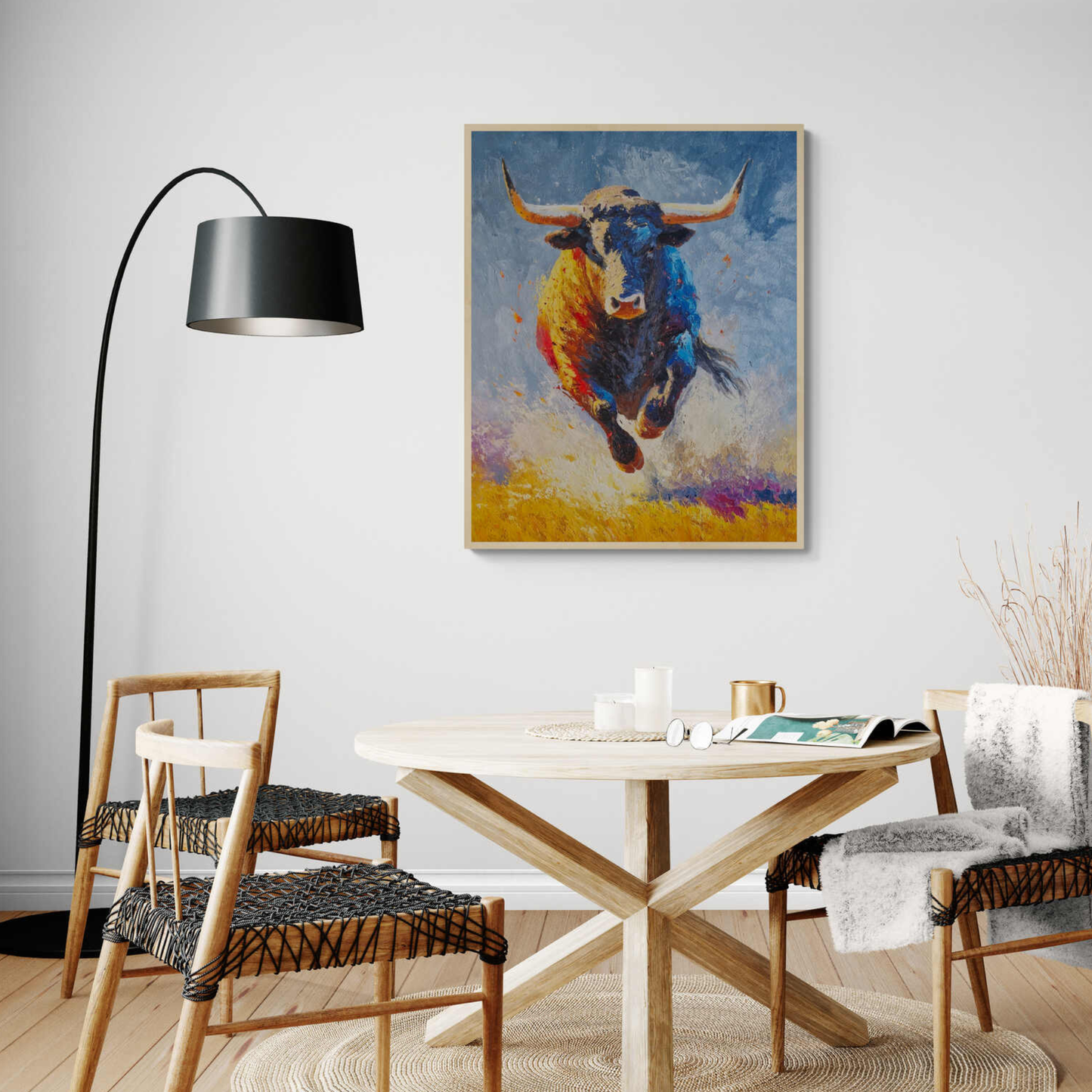 Pintura de toro dinámico con pincelada gruesa y colores vivos