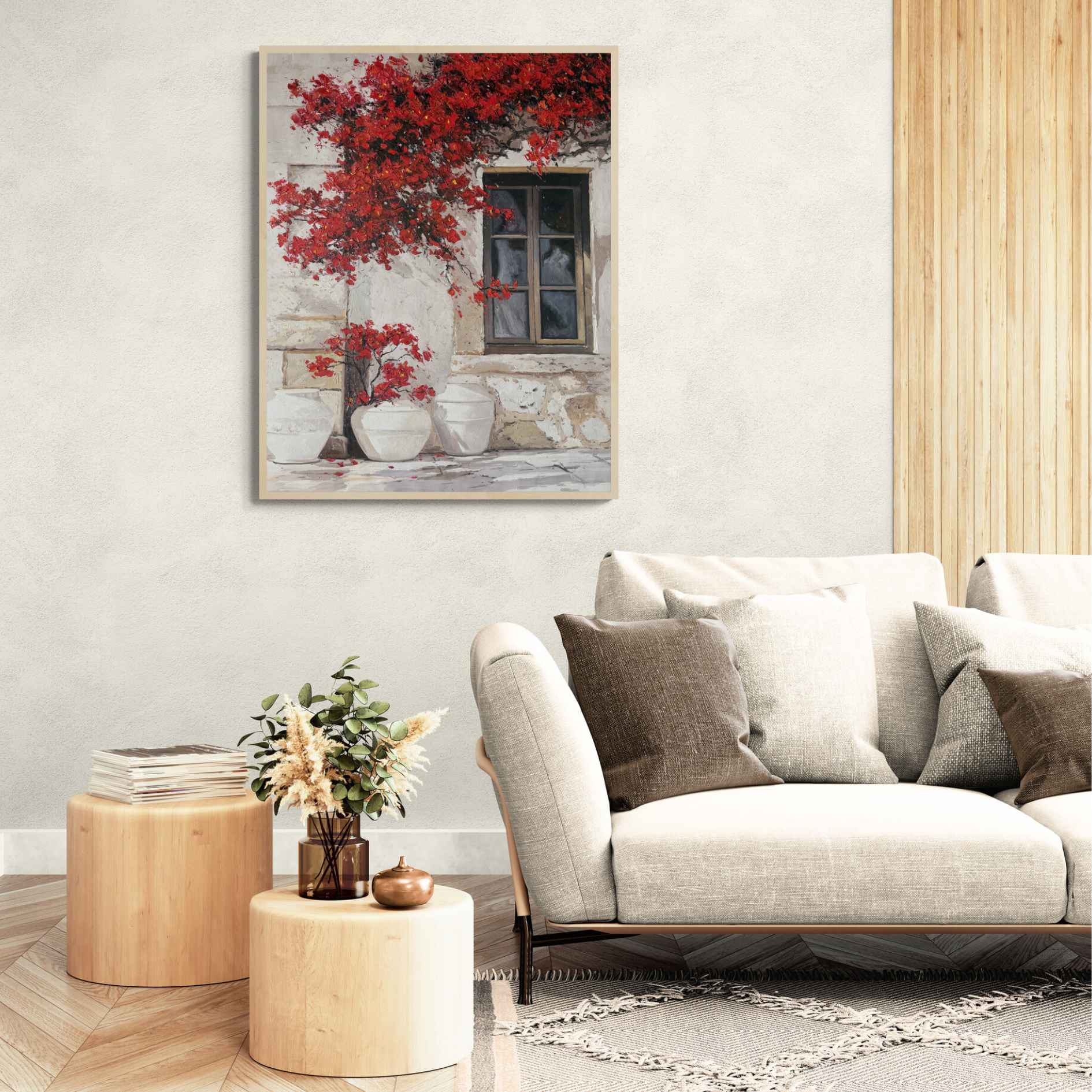 Pintura decorativa de ventana con flores rojas