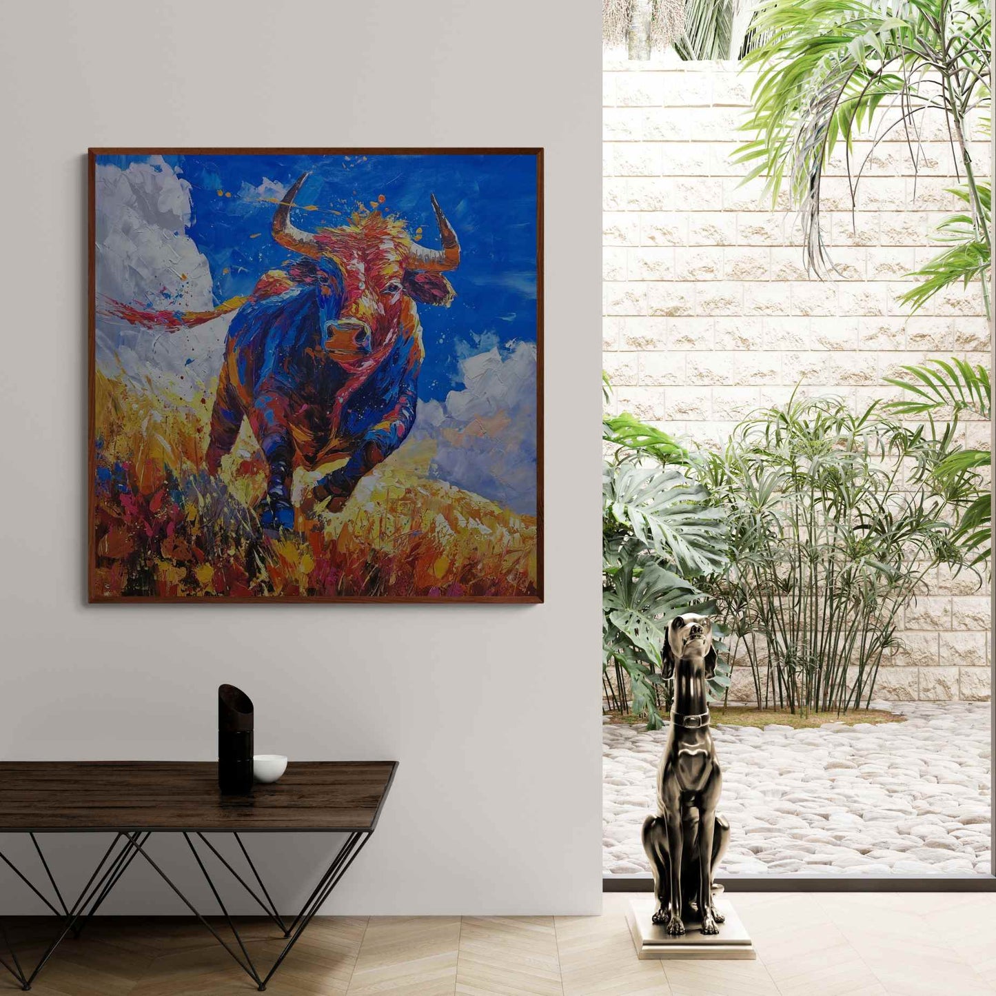 Pintura hecha a mano de toro en estilo expresionista