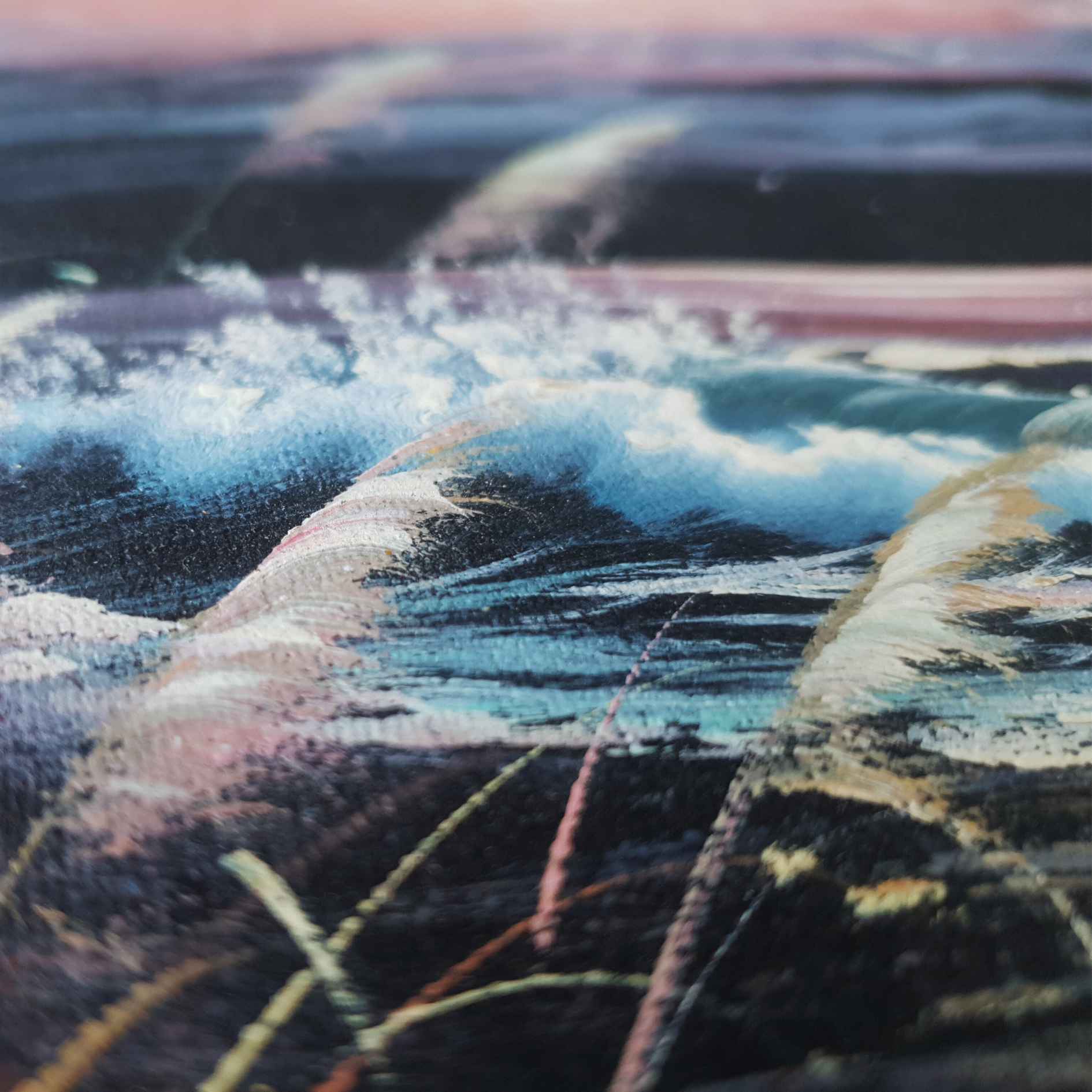 Detalle de Textura de cuadro de playa con plantas, arte marino en estilo contemporáneo