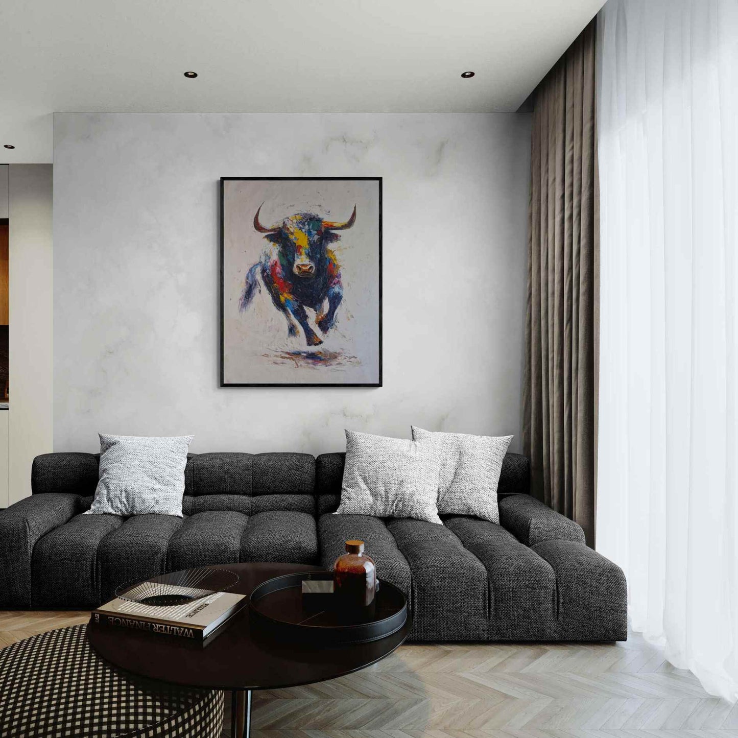 Cuadro impresionista de toro corriendo sobre fondo blanco