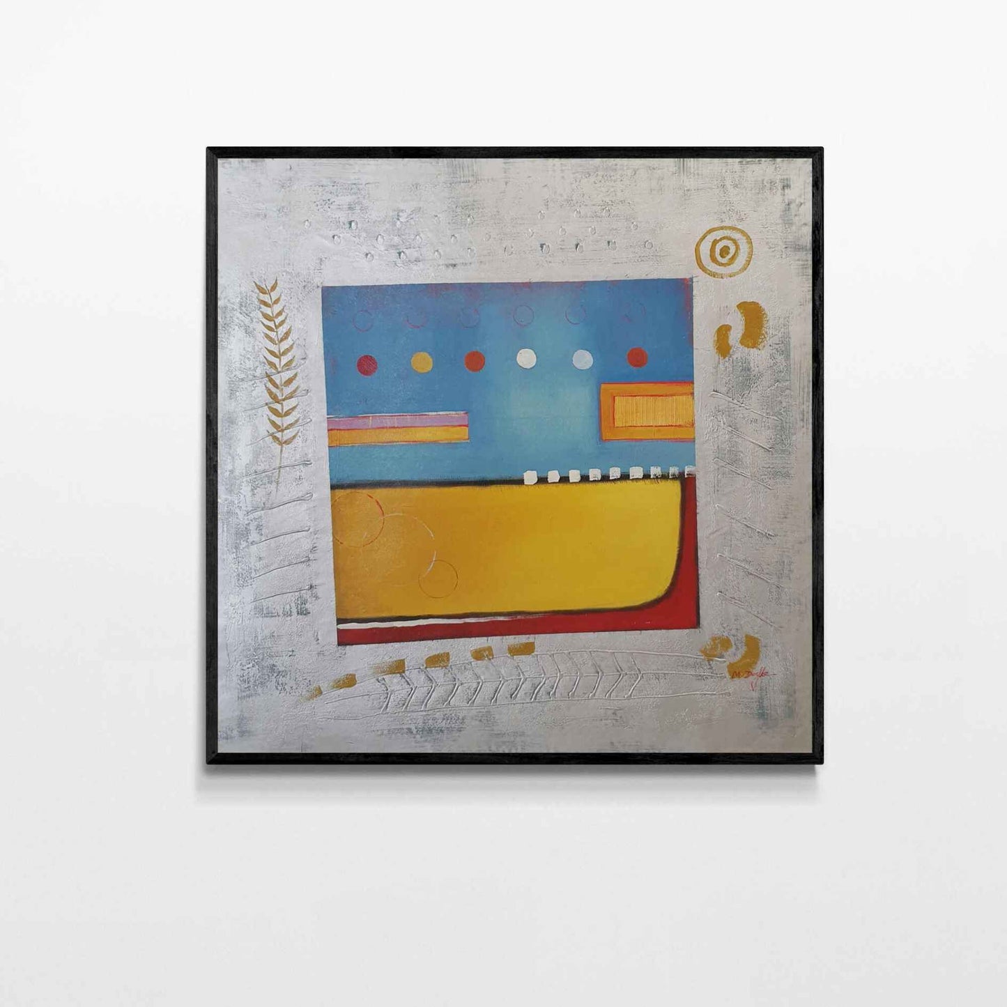 Pintura geométrica en azul, amarillo y blanco