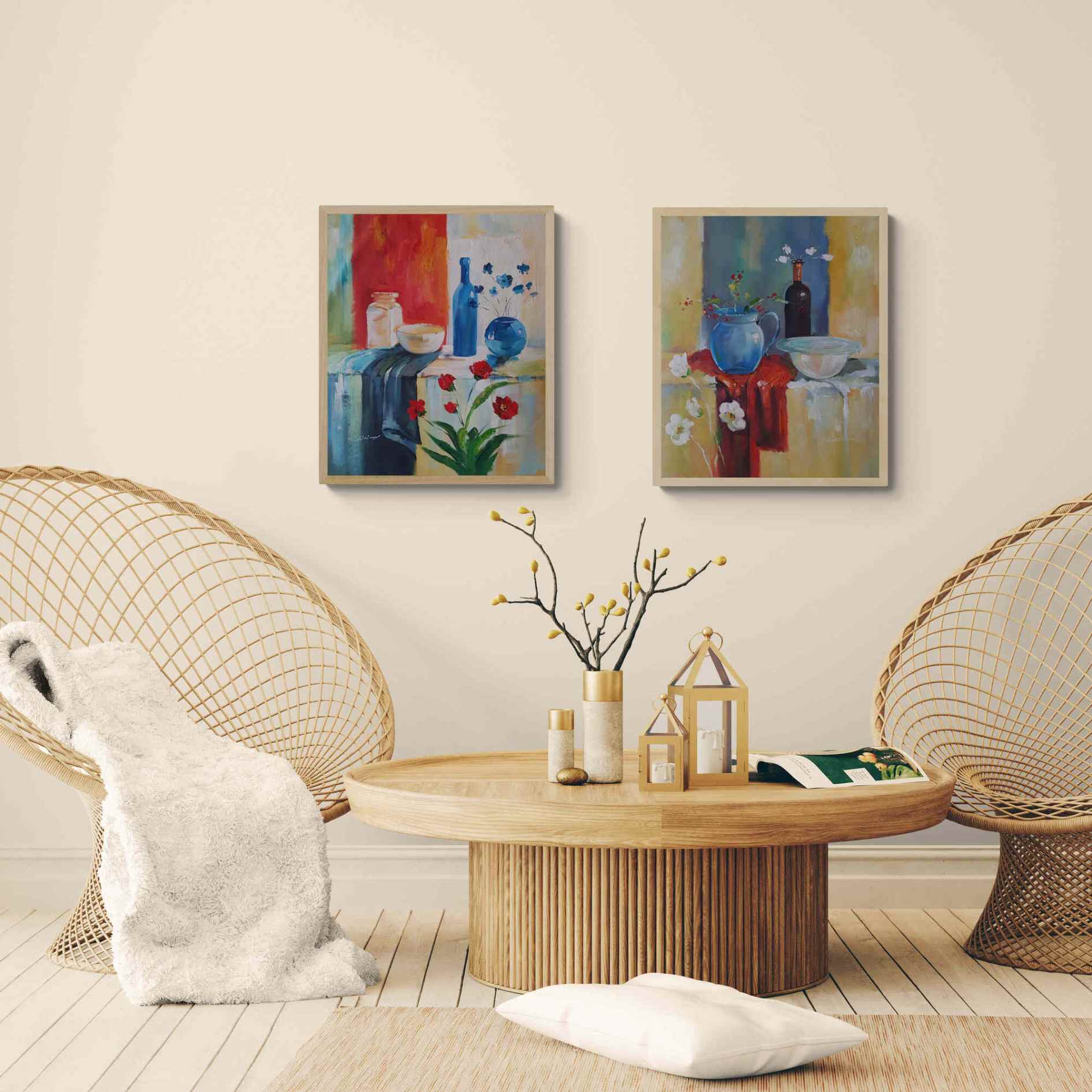 Pinturas coloridas estilo bodegón para decoración de interiores