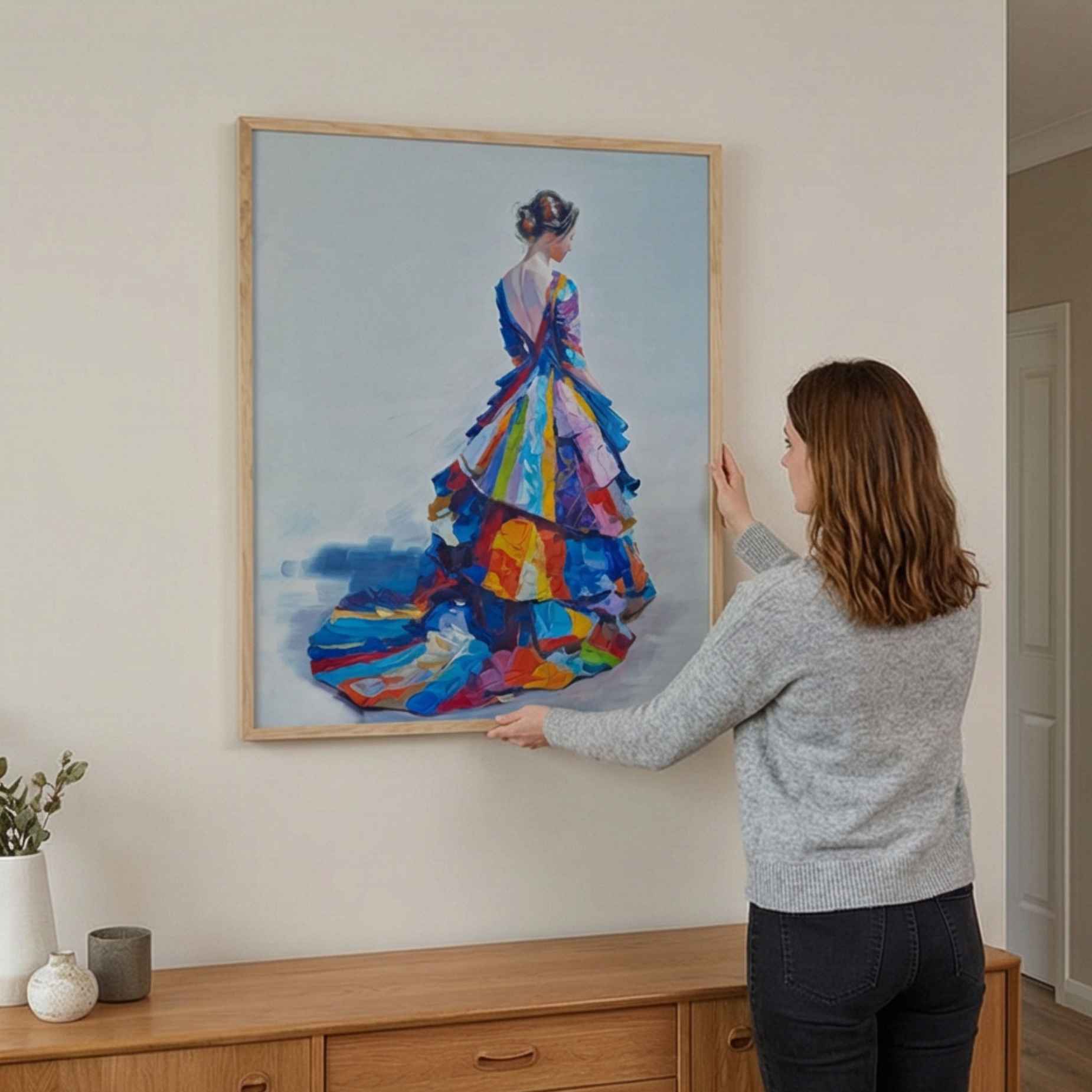 Lienzo artístico con textura de pinceladas gruesas y vestido colorido