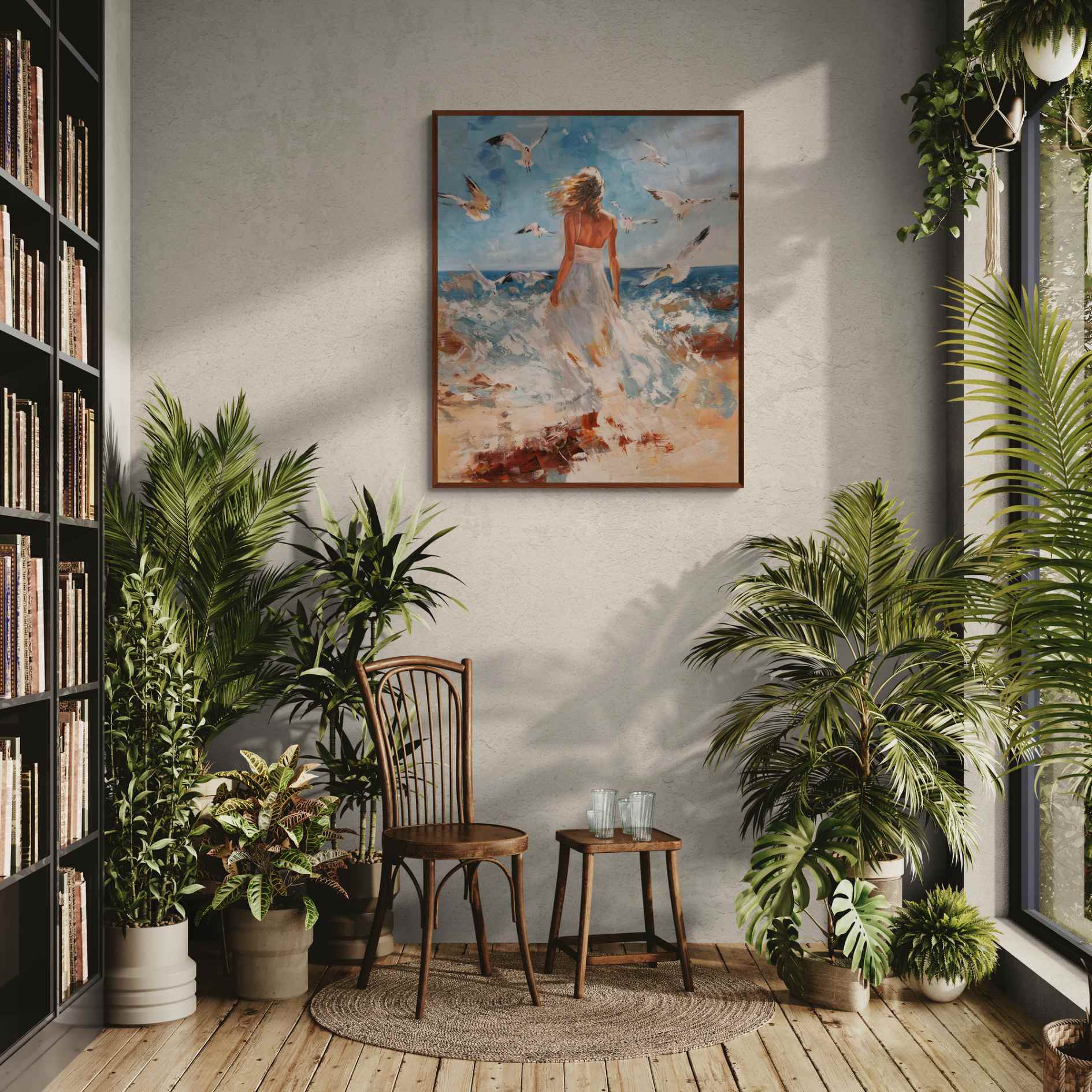 Arte costero premium con mujer en vestido blanco