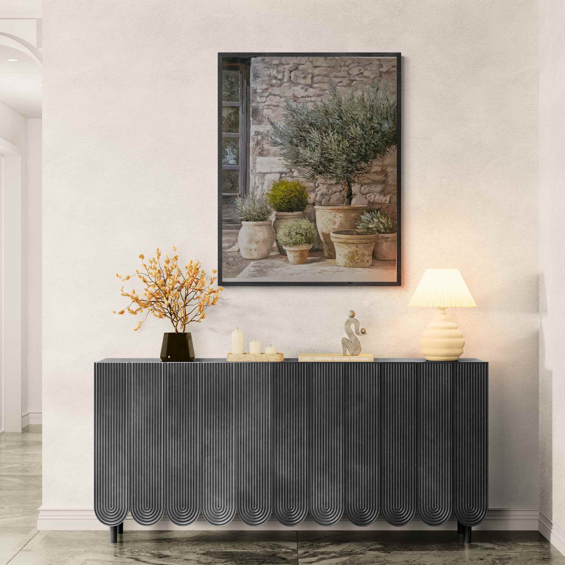 arte decorativo con macetas rusticas y olivo