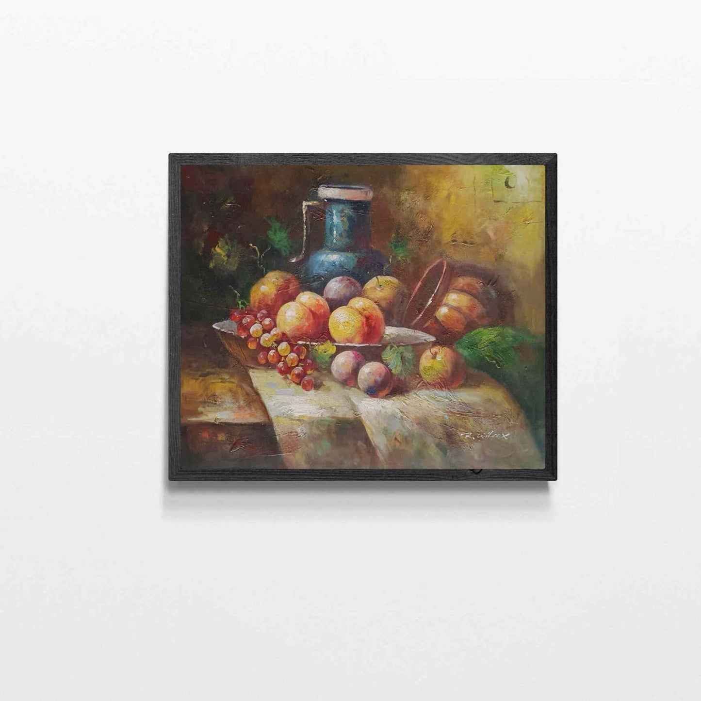 Cuadro pintado a mano con frutas y jarra en óleo