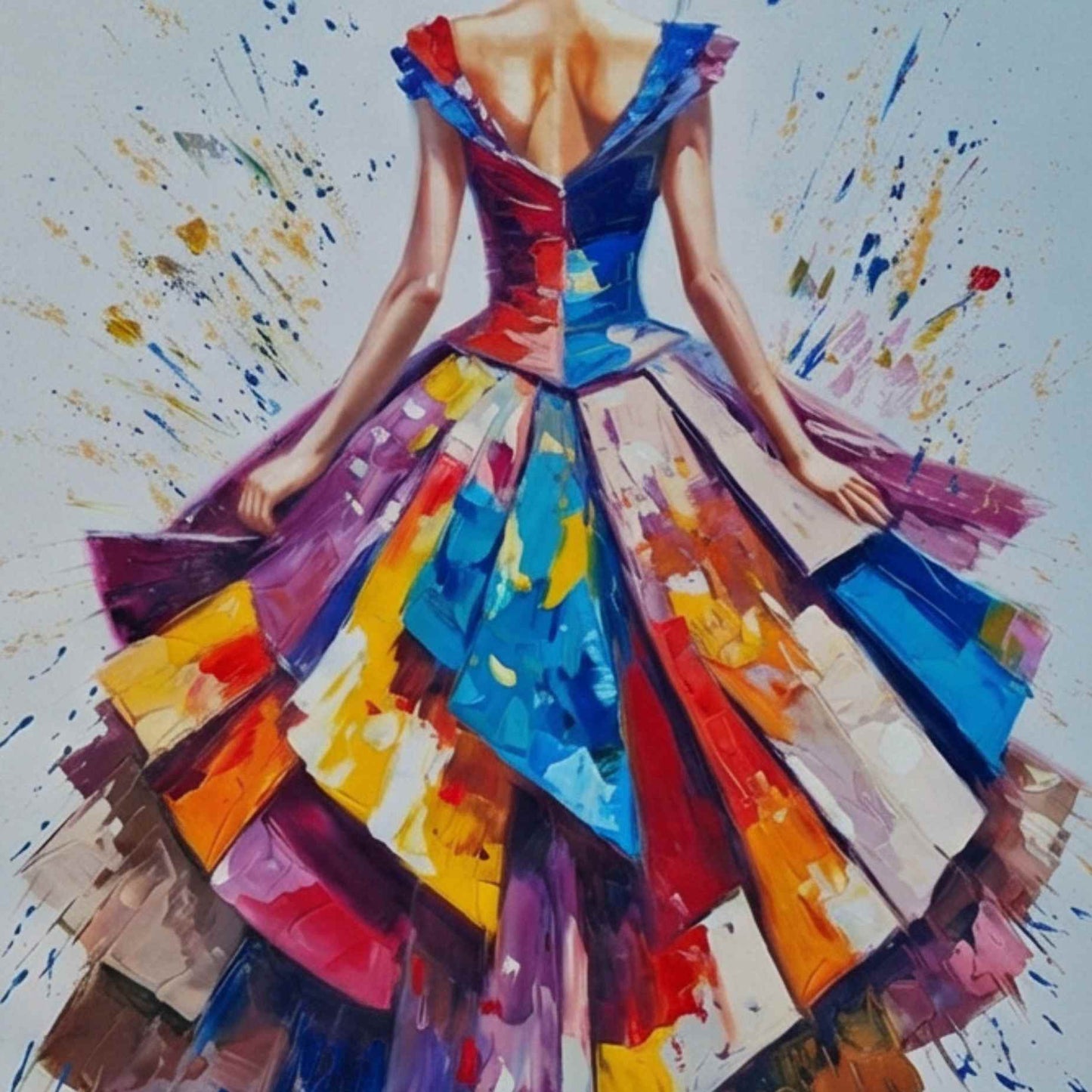 Obra femenina con pinceladas coloridas sobre fondo claro