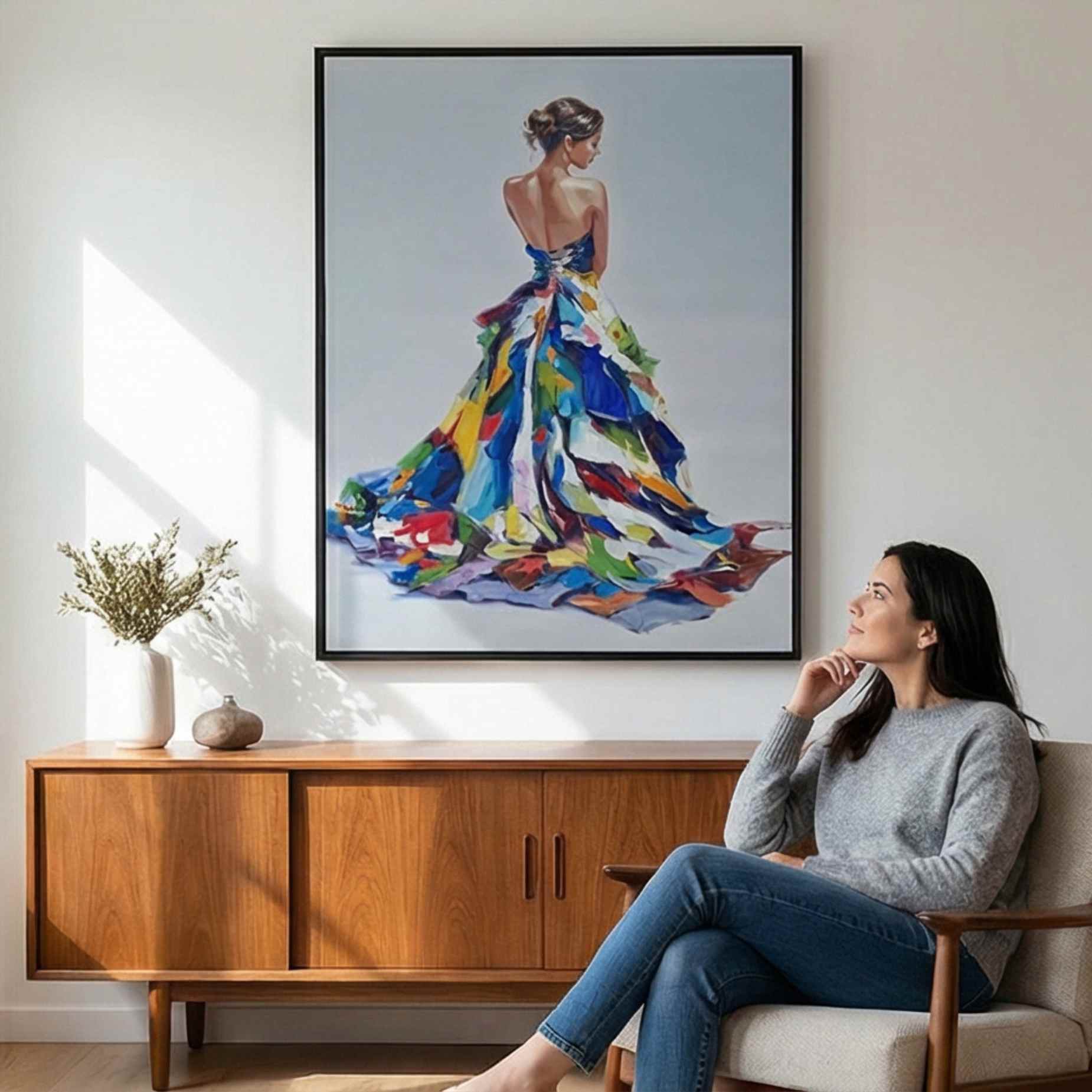 Lienzo artístico de mujer de espaldas en tonos vibrantes