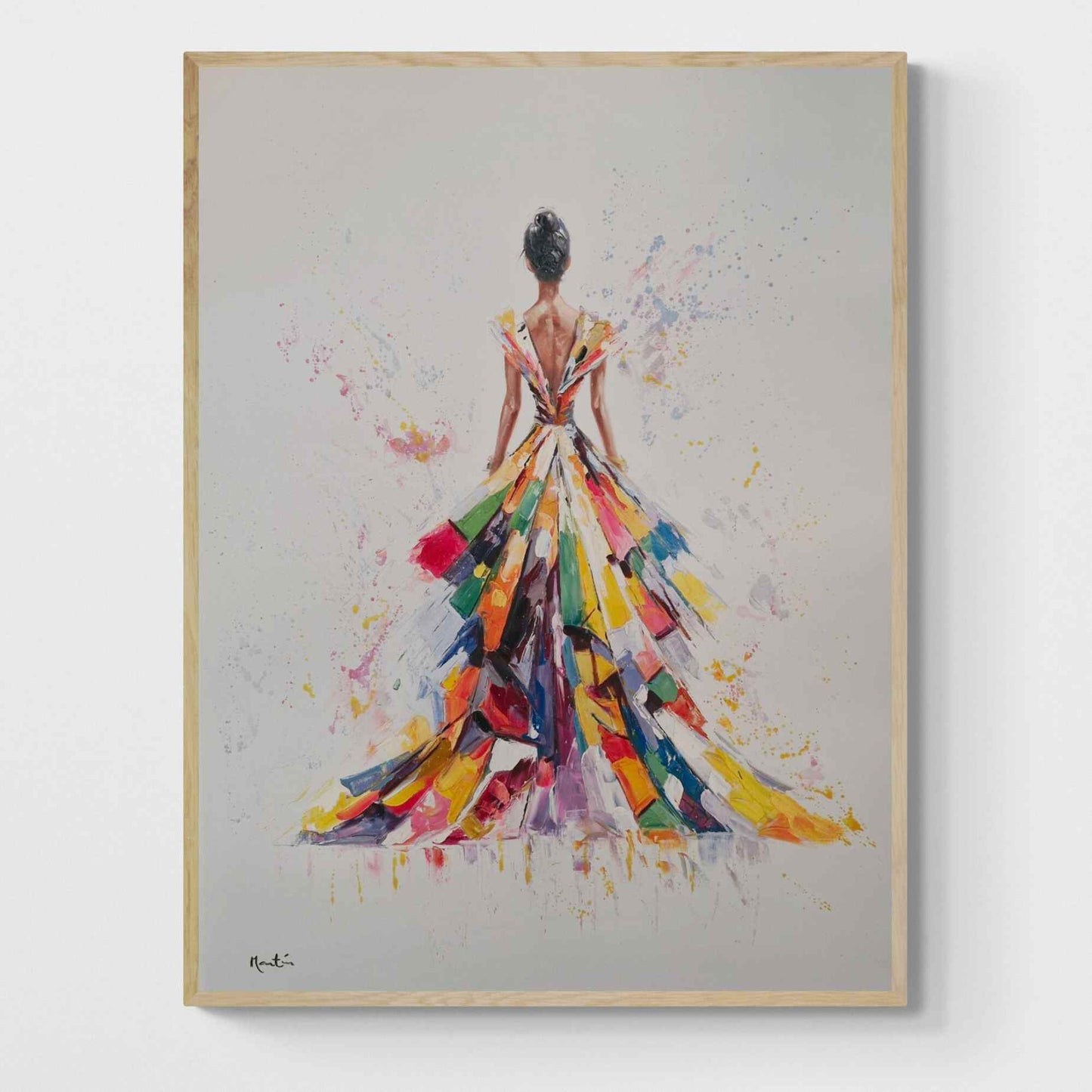 Cuadro al óleo pintado a mano de mujer con vestido arcoíris