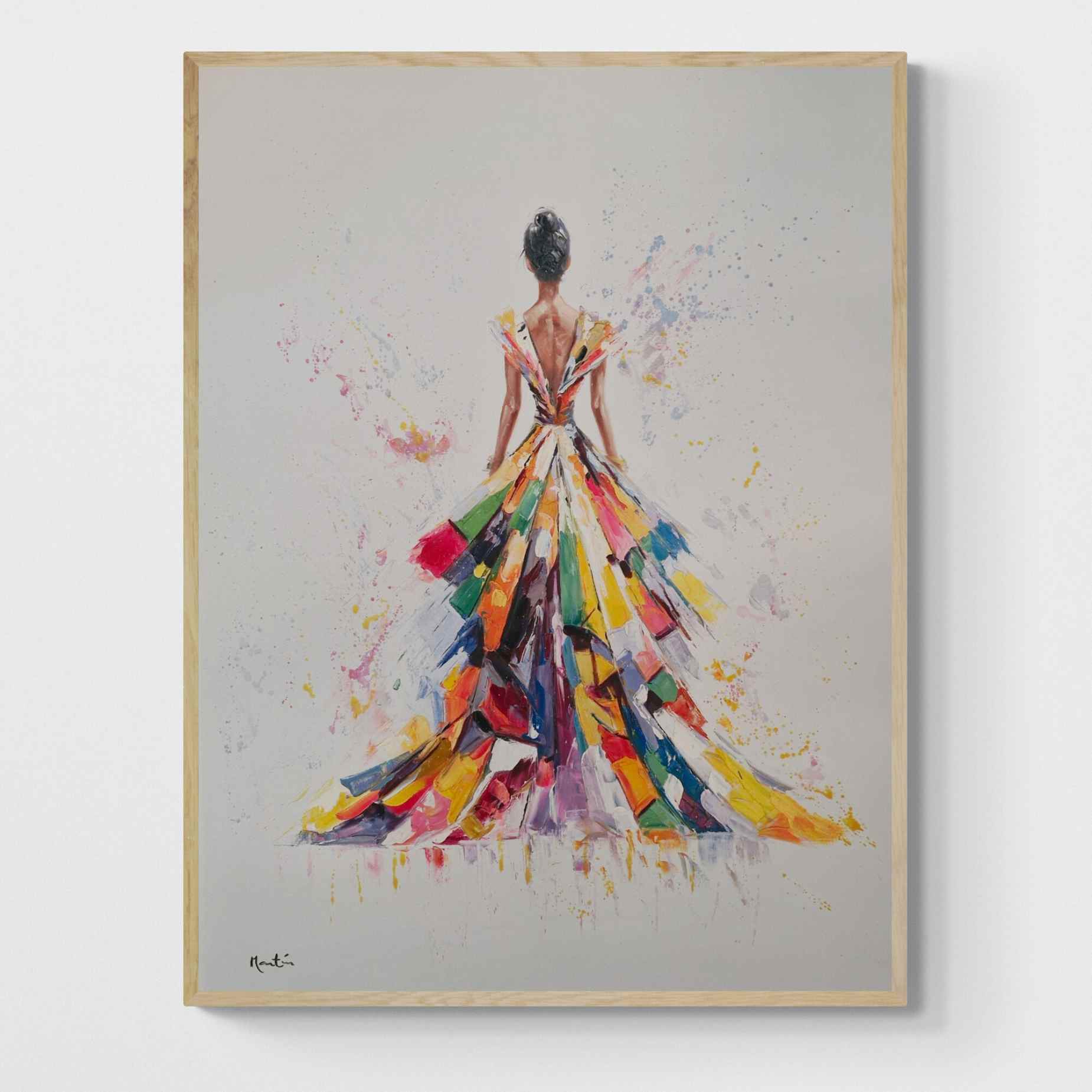 Cuadro al óleo pintado a mano de mujer con vestido arcoíris