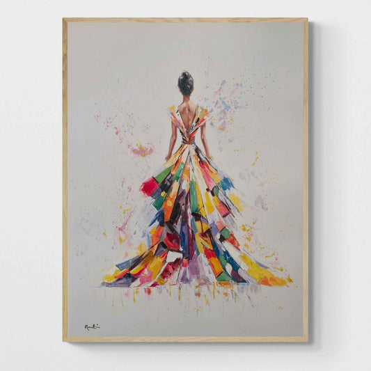 Cuadro al óleo pintado a mano de mujer con vestido arcoíris