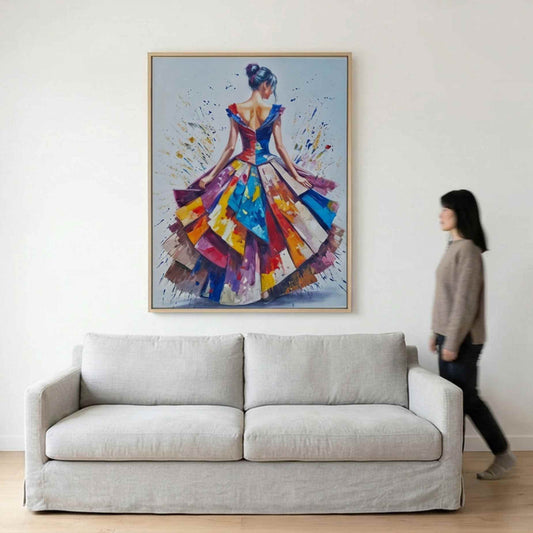 Cuadro al óleo de mujer con vestido multicolor pintado a mano