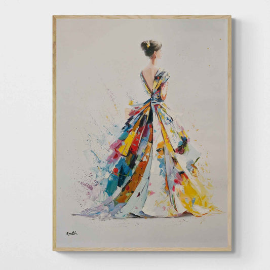 Pintura al óleo de mujer con vestido largo multicolor en fondo claro