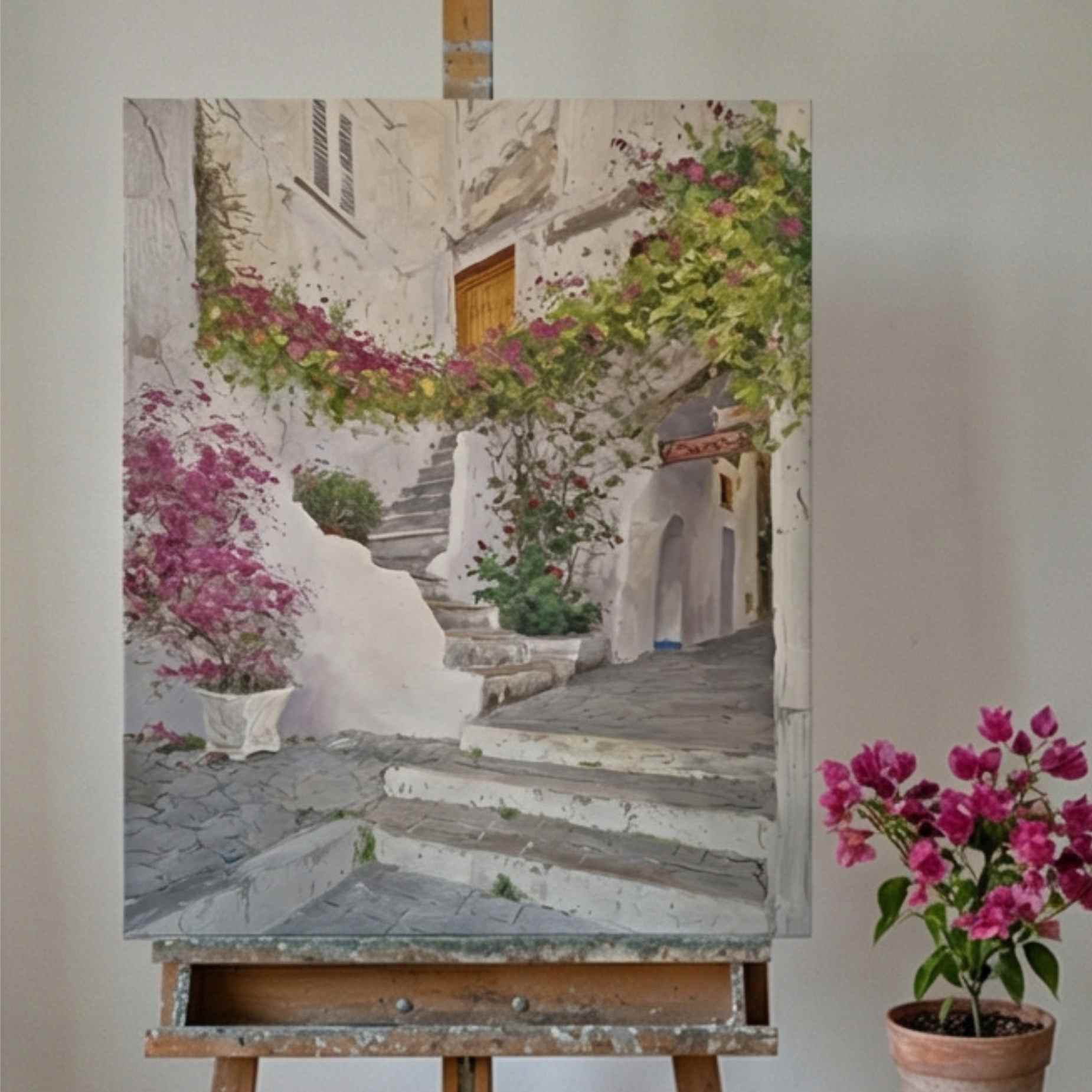 arte mural mediterráneo con escalera y flores decorativas
