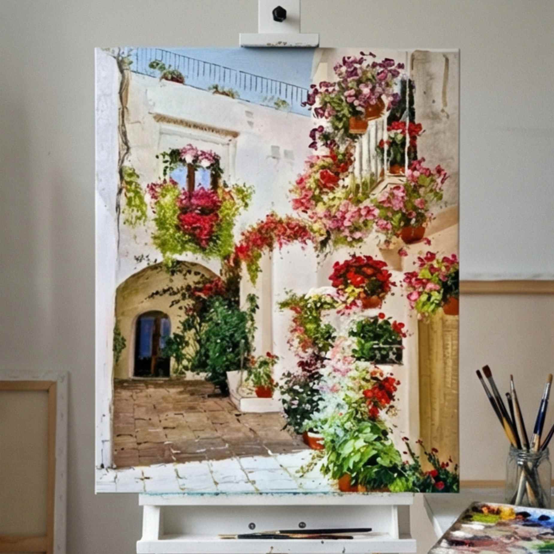 cuadro decorativo de patio italiano con flores