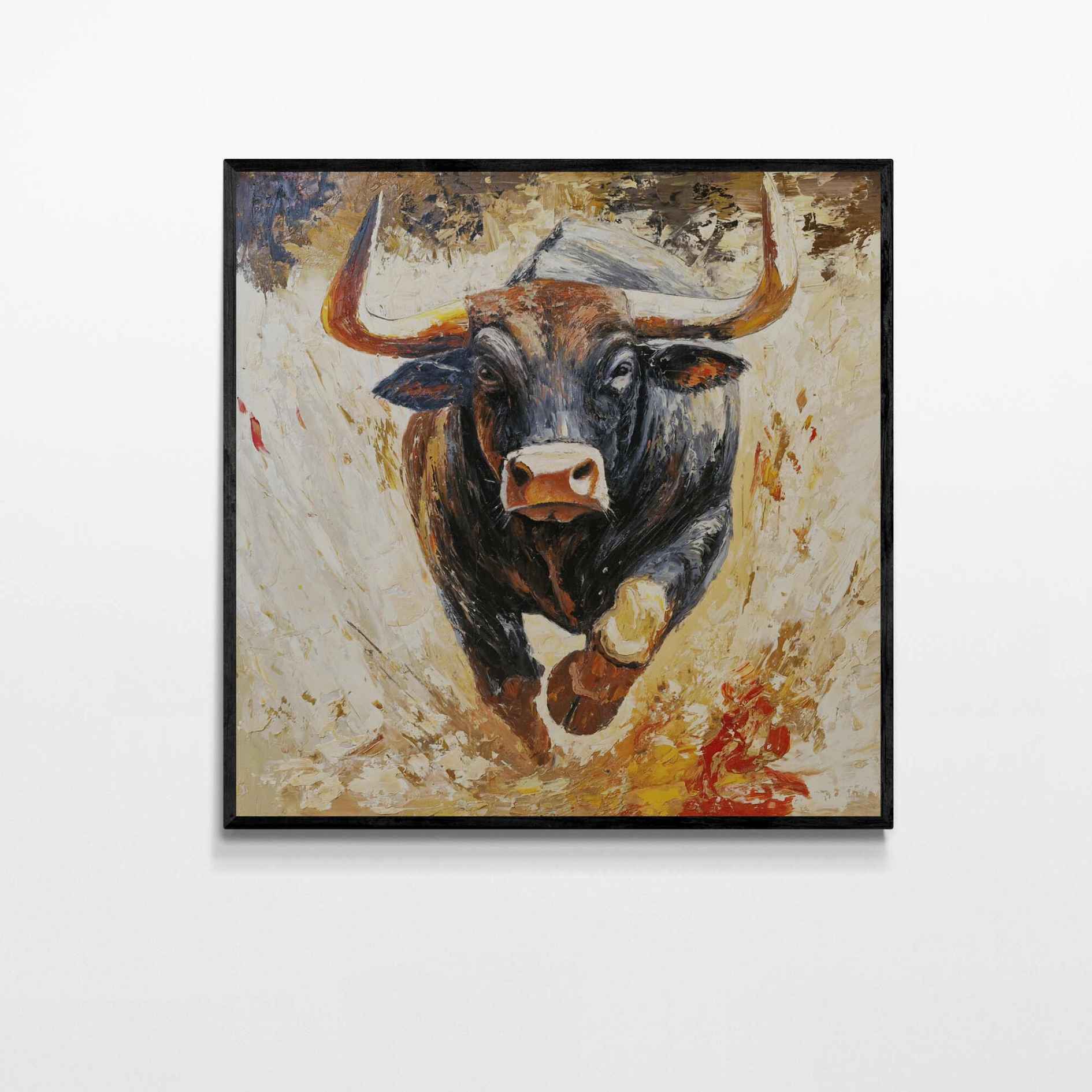 Cuadro al óleo de toro corriendo pintado a mano