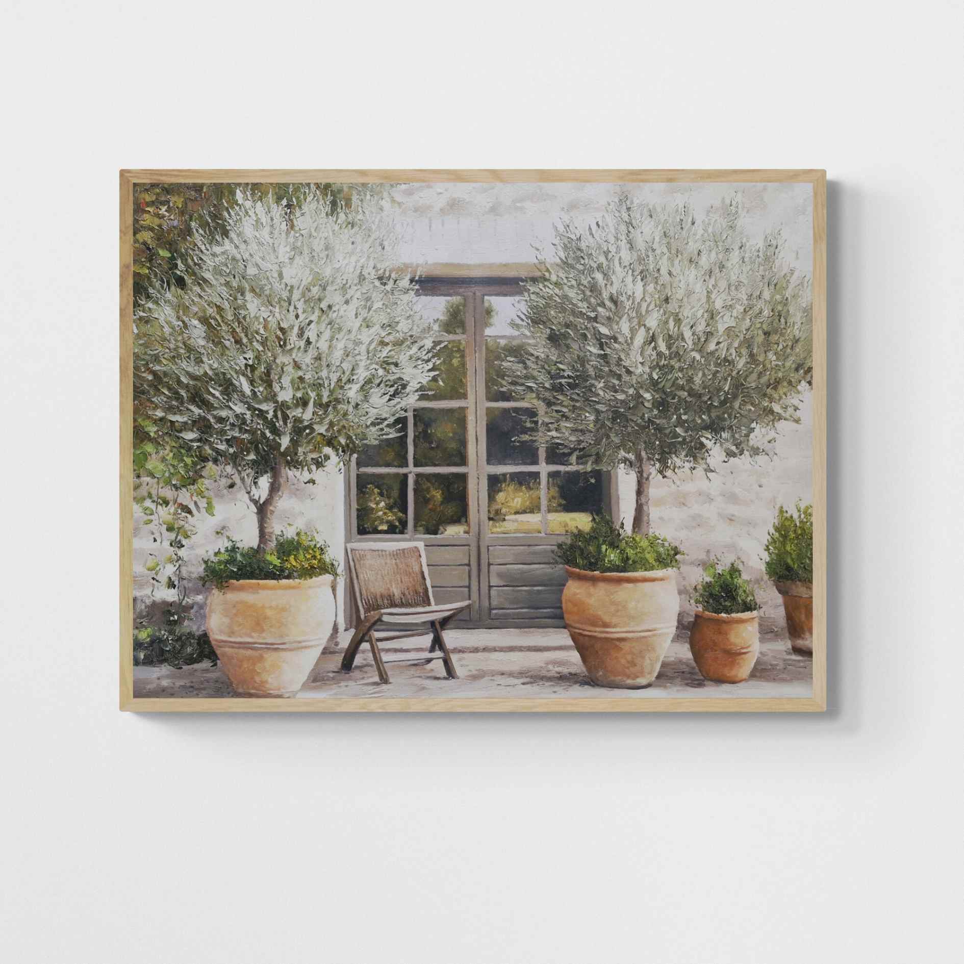 Cuadro al óleo con olivos en terraza mediterránea