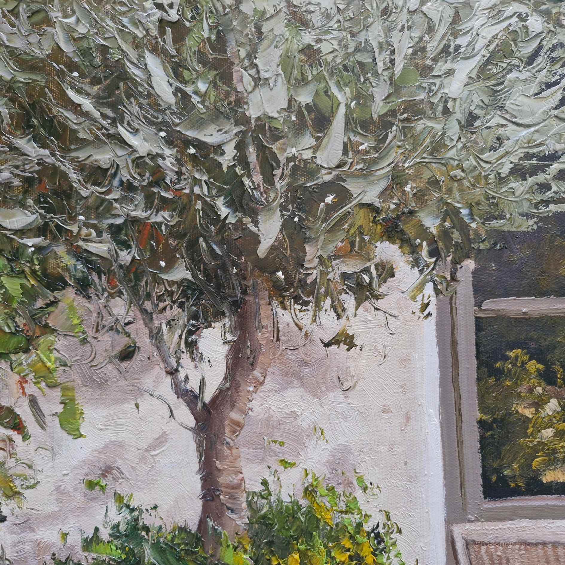 Cuadro artístico de jardín mediterráneo con texturas al óleo