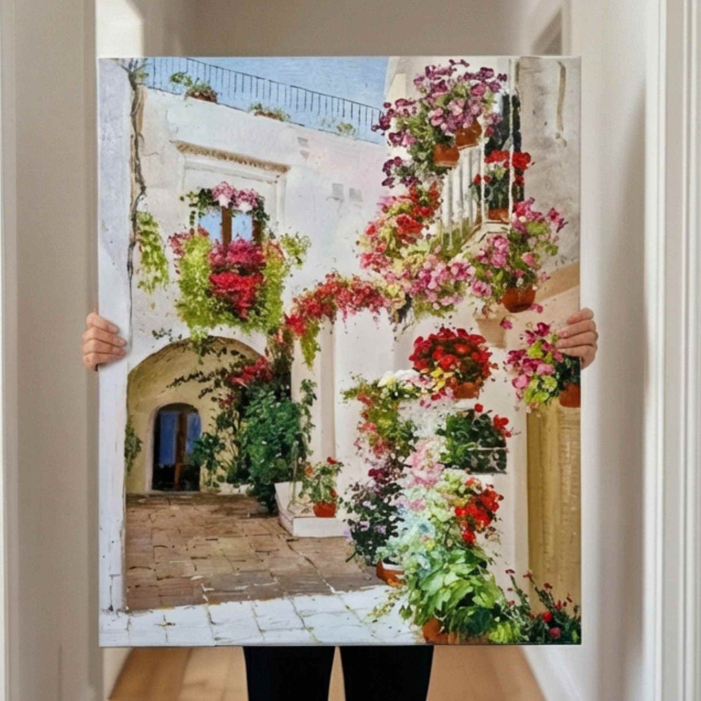 pintura decorativa de patio europeo con macetas florales