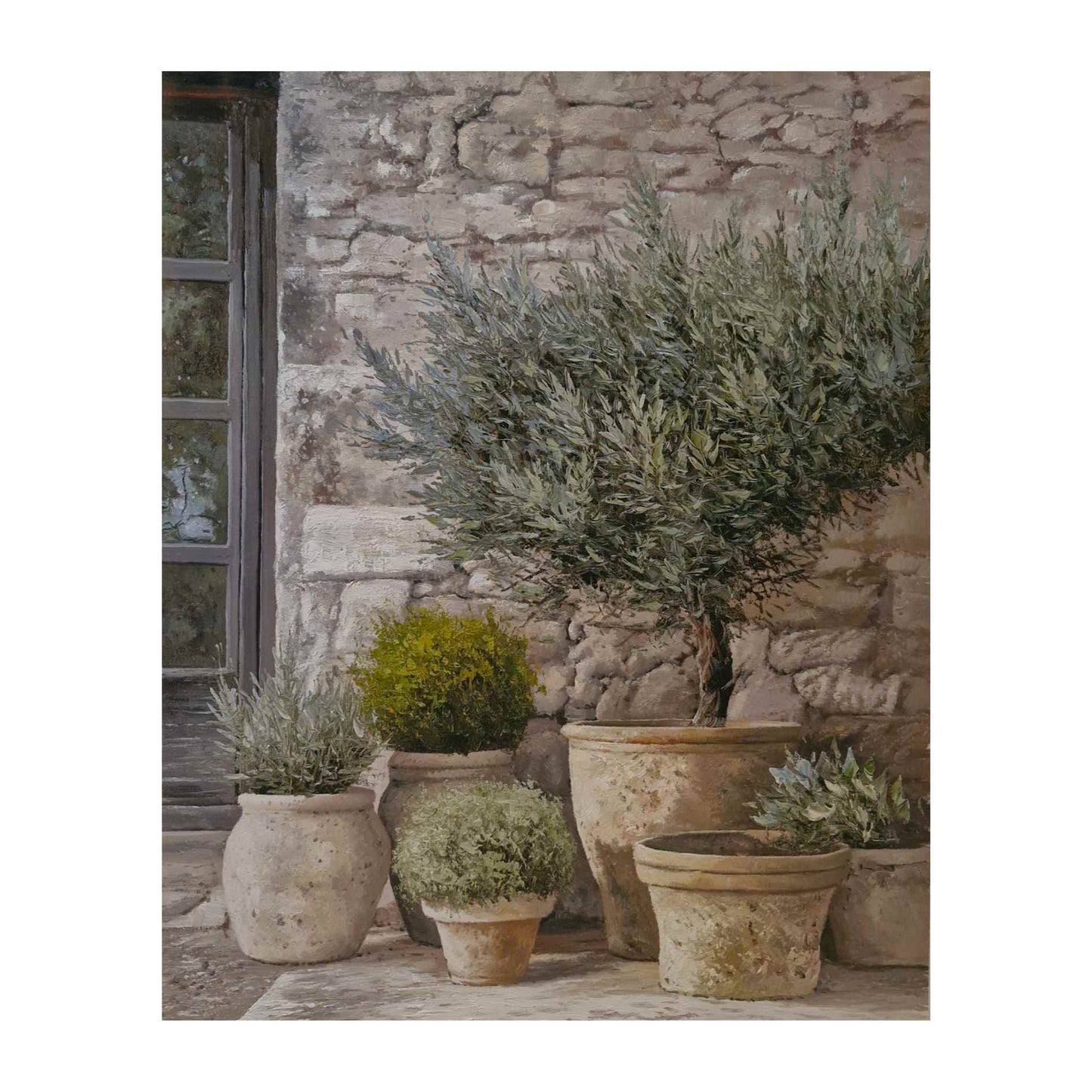 cuadro realista con arbustos y pared de piedra