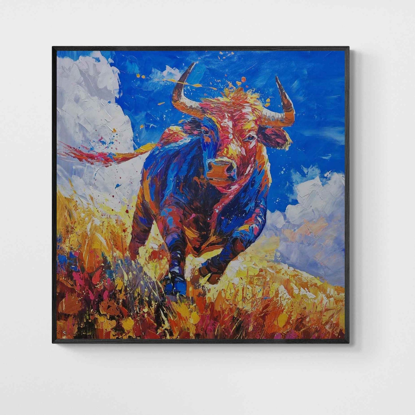 Cuadro al óleo de toro corriendo en colores intensos