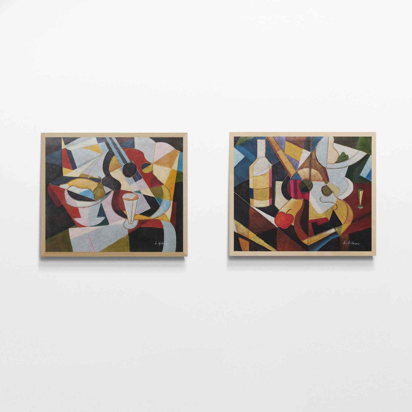 Díptico cubista con instrumentos y copas pintado al óleo