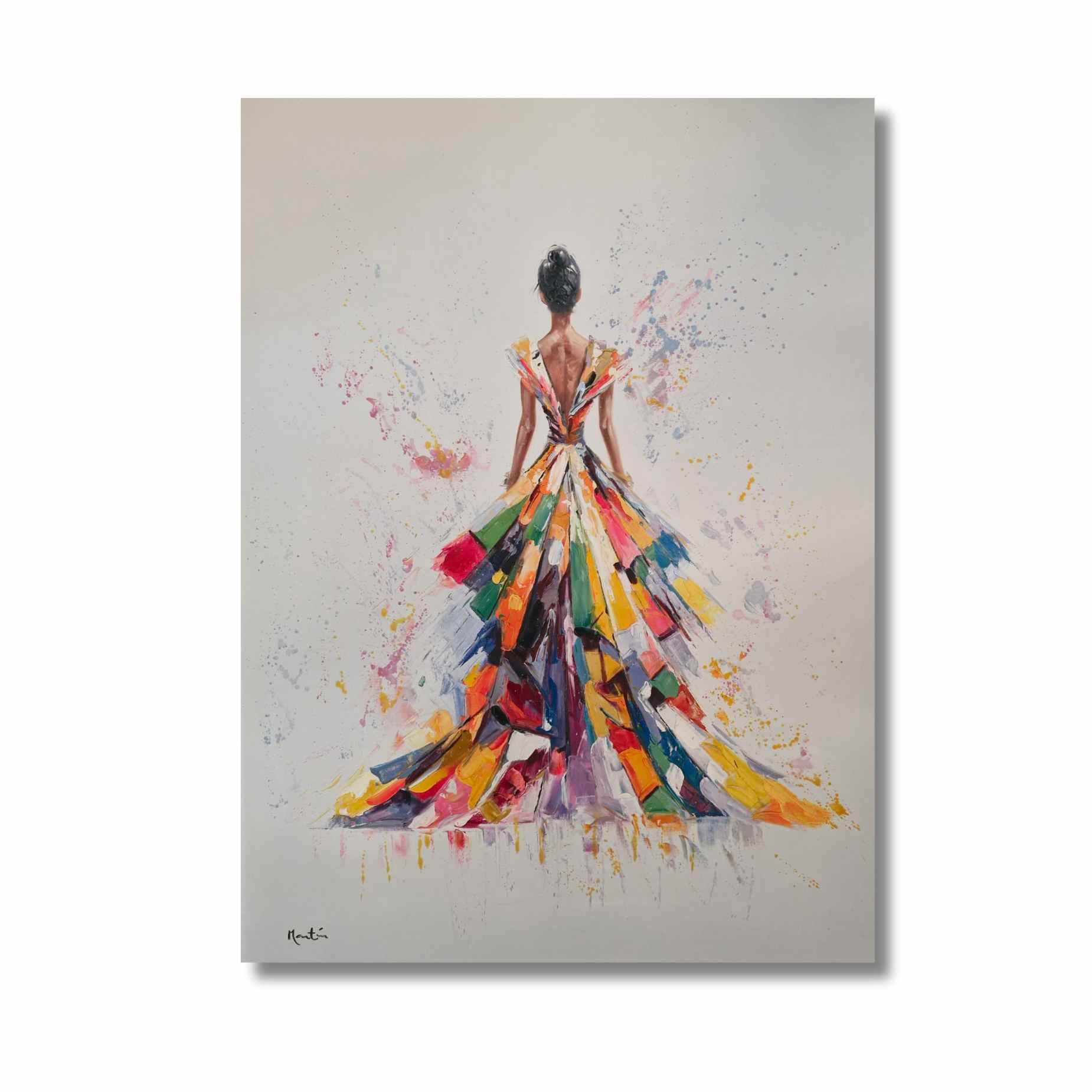Obra original de mujer de espaldas con colores vibrantes