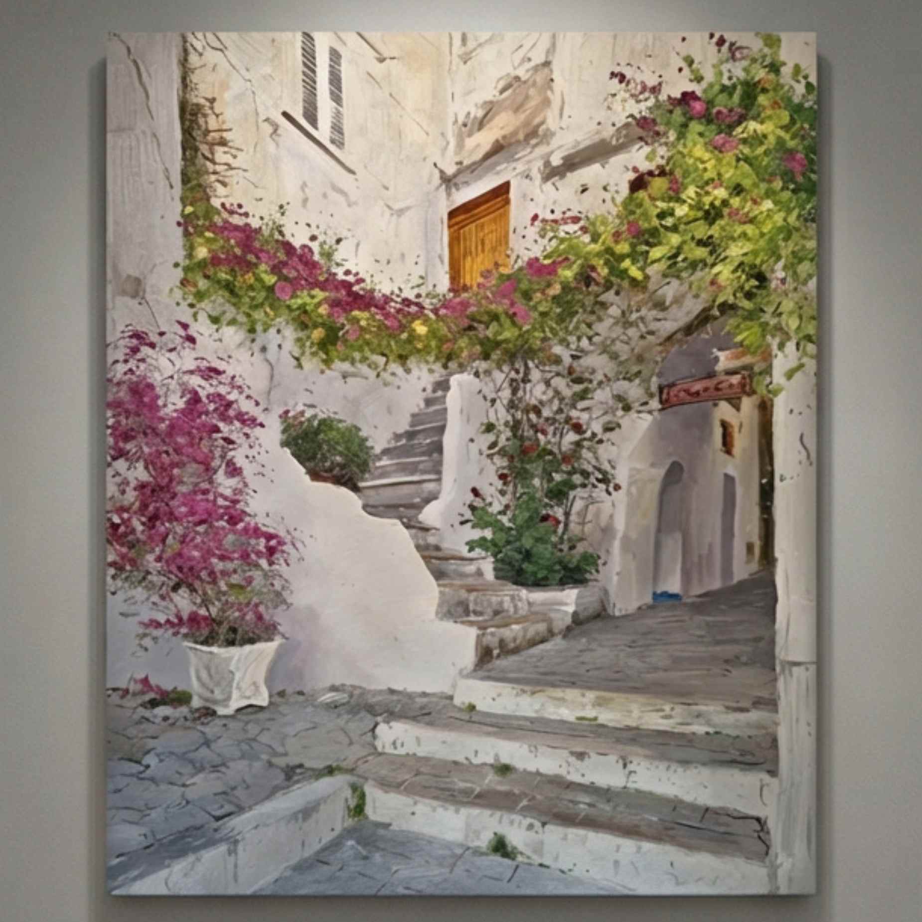 pintura al óleo de escalera mediterránea con buganvilla pintada a mano