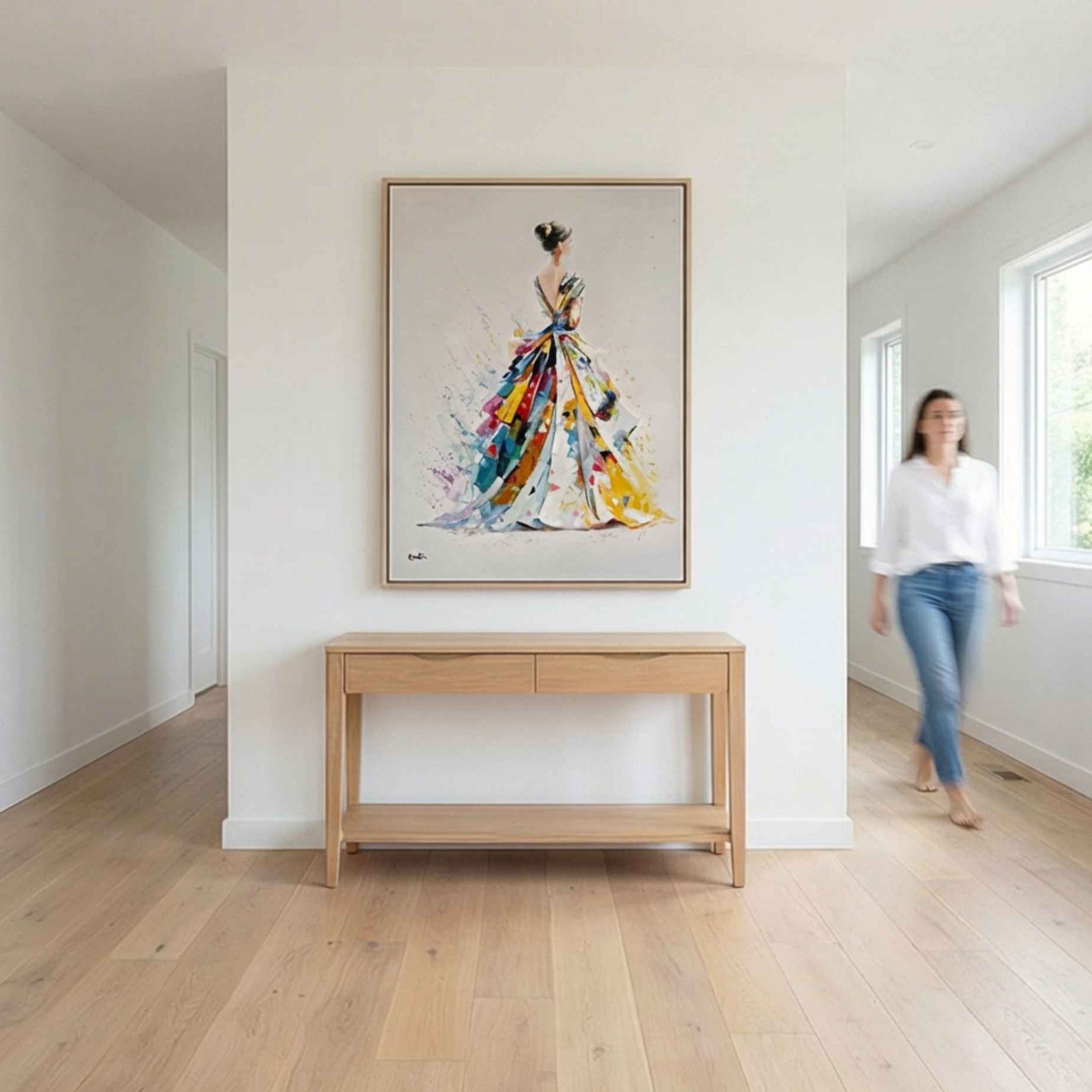 Cuadro vertical hecho a mano con figura femenina elegante