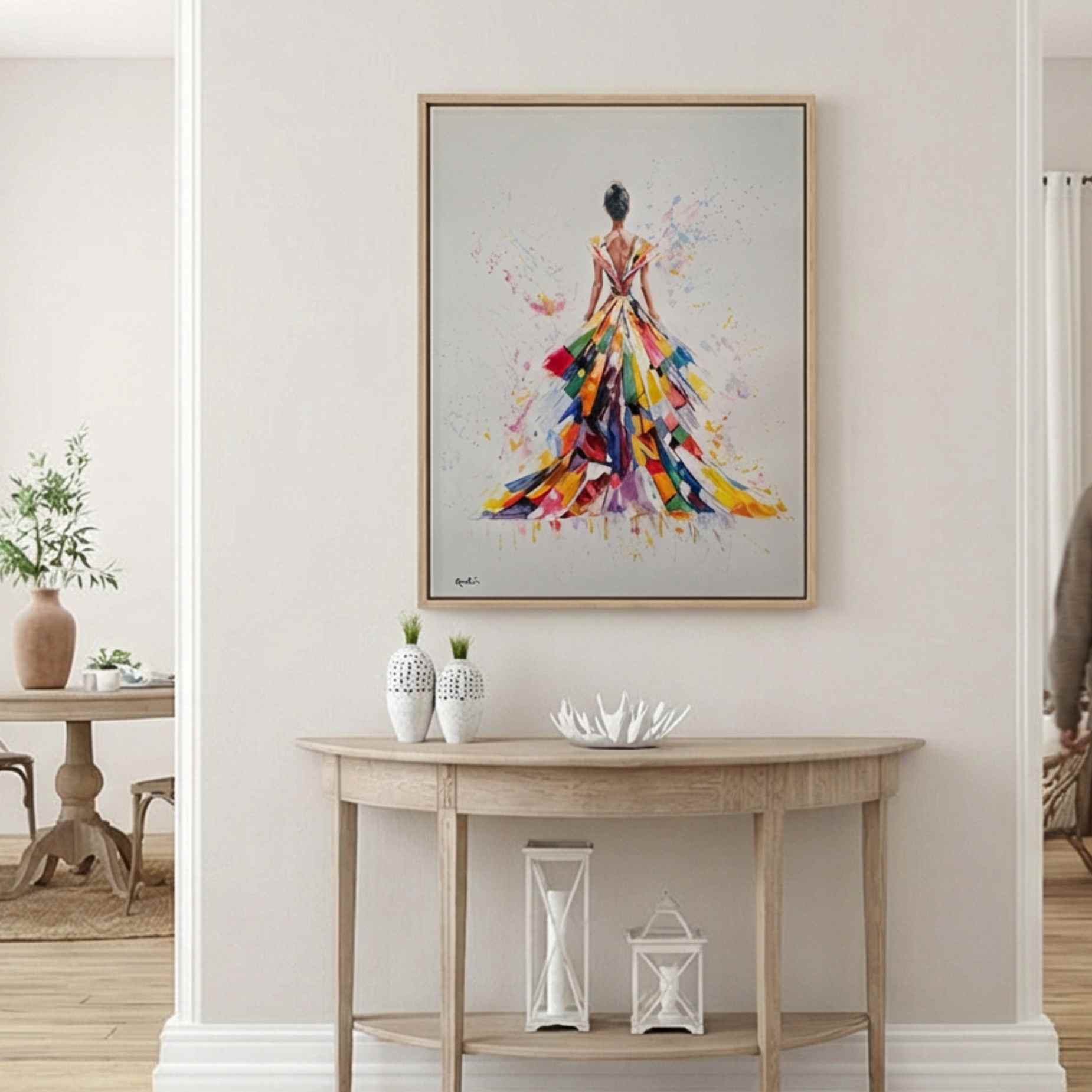 Lienzo vertical con figura femenina elegante en fondo claro