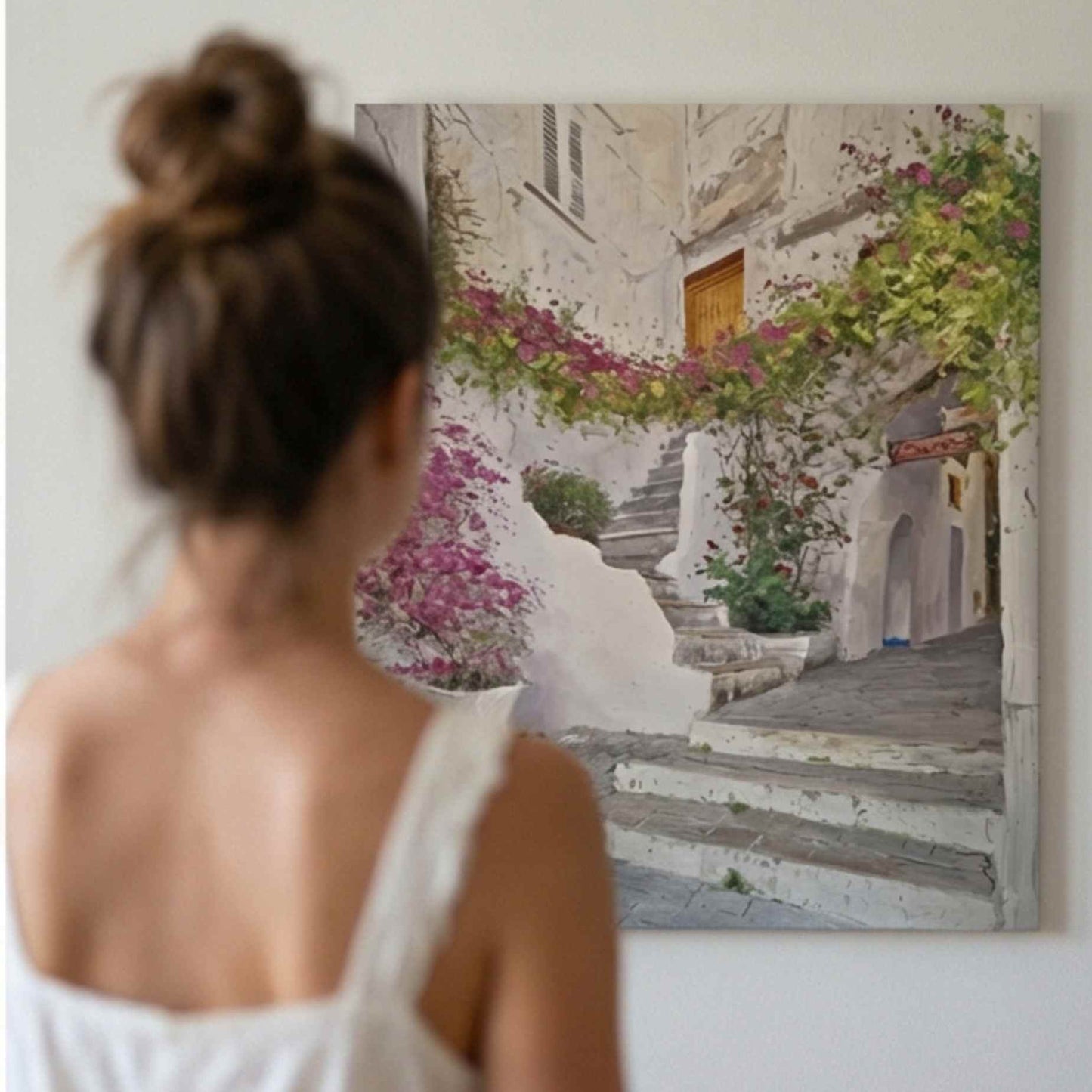 pintura artística de calle mediterránea con buganvillas