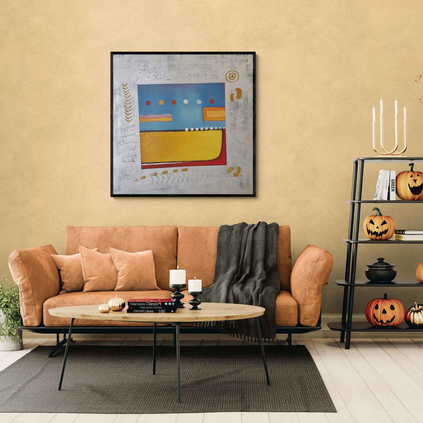 Pintura geométrica en azul, amarillo y blanco