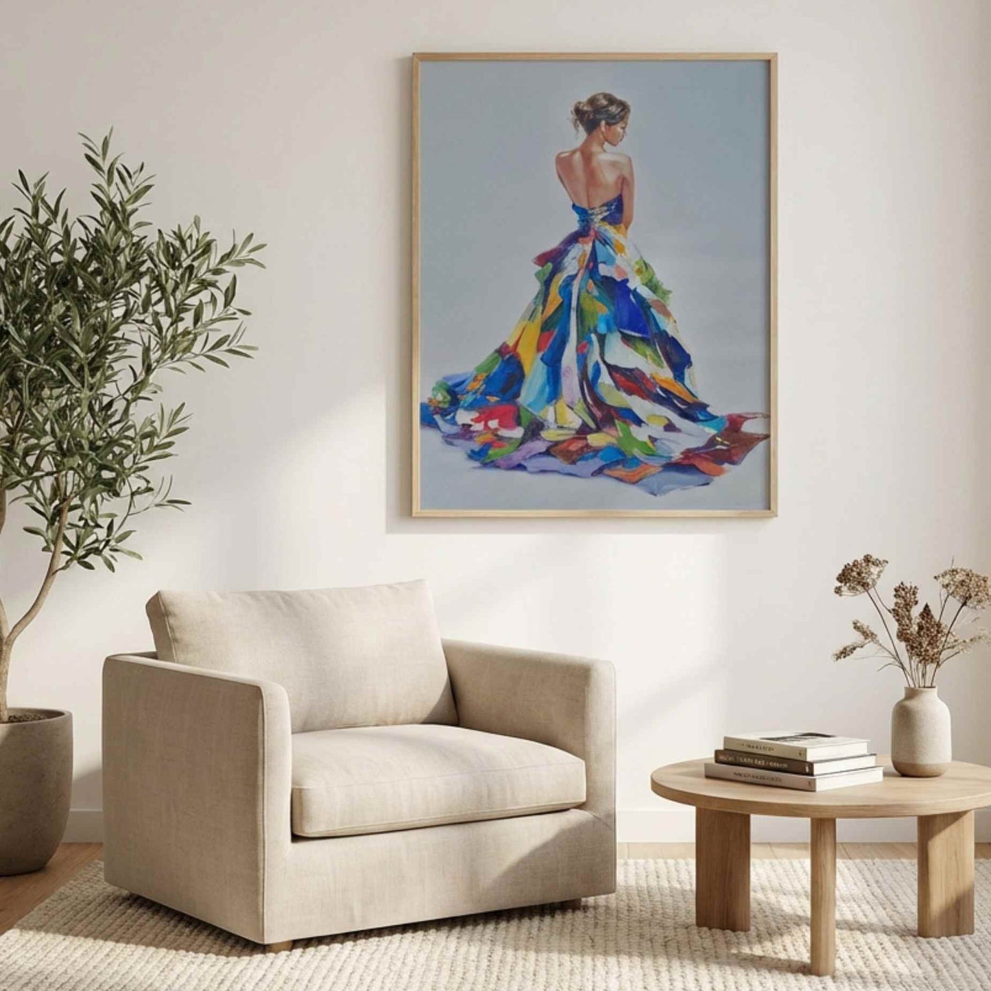 Cuadro al óleo pintado a mano de mujer con vestido largo y colorido