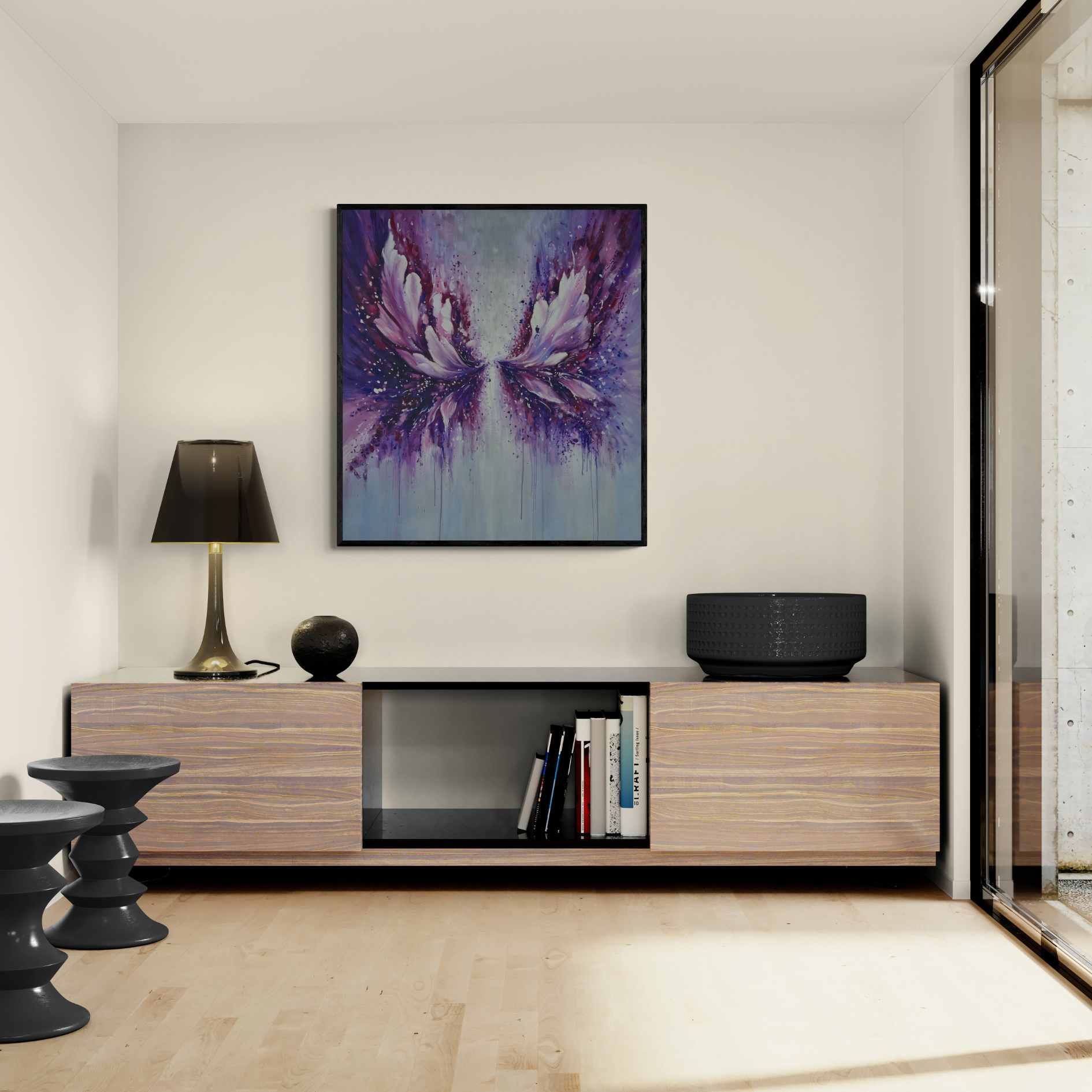 Pintura al óleo con efecto de alas en tonos lavanda