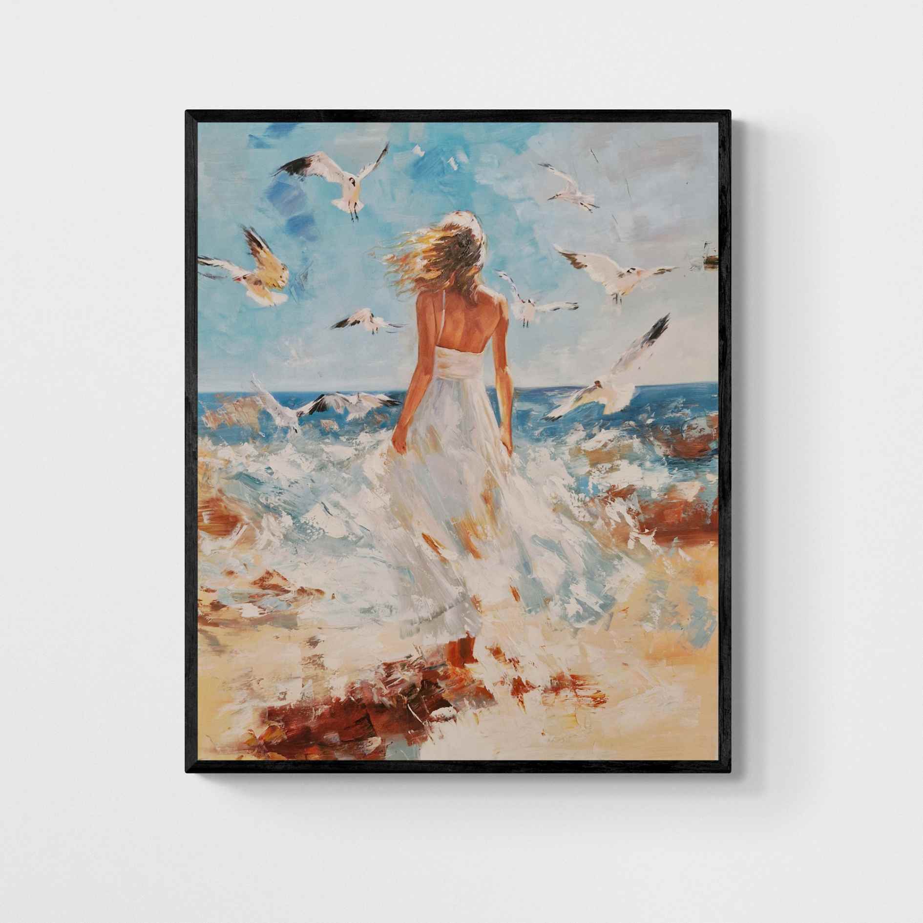 Pintura al óleo de mujer caminando por la playa con gaviotas