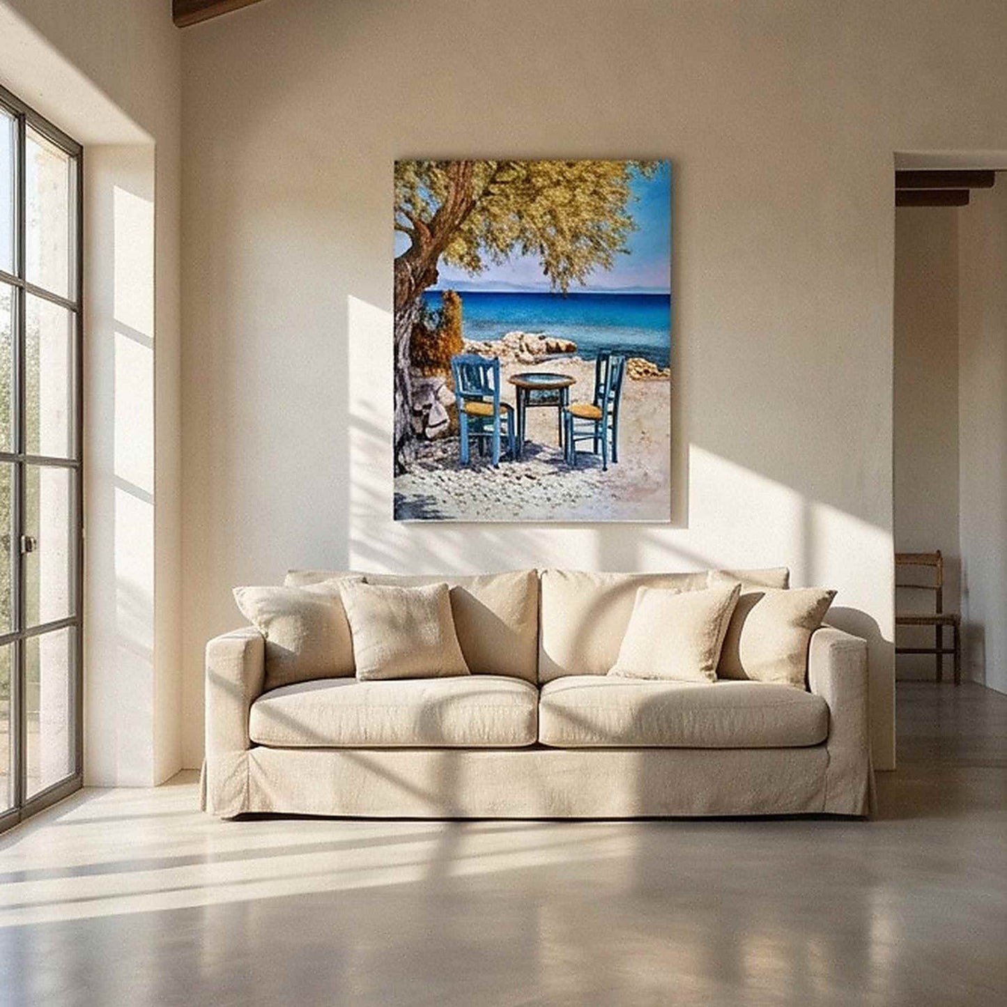 Pintura al óleo de paisaje marino con mesa y sillas frente al mar