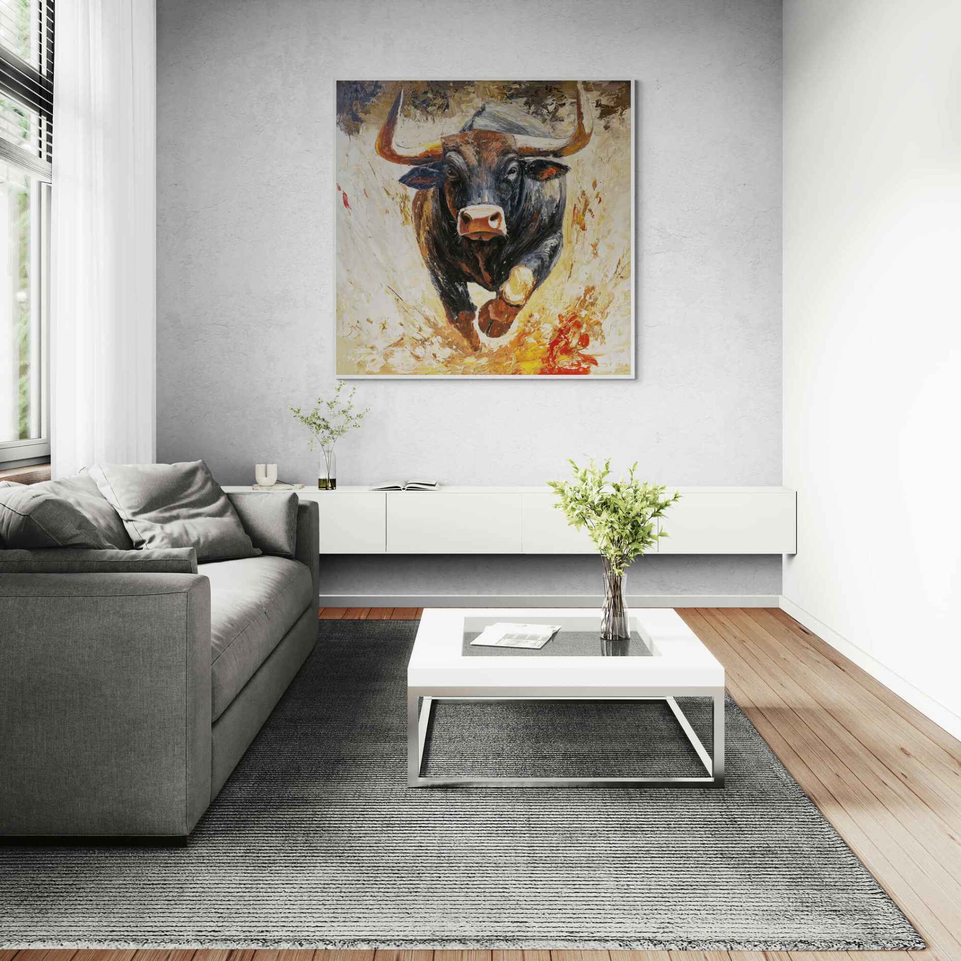 Pintura decorativa de toro bravo sobre fondo claro