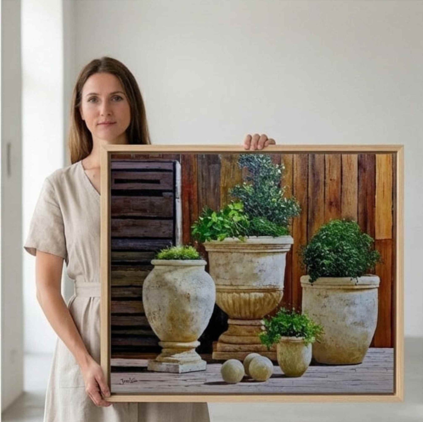 cuadro al óleo de macetas rústicas pintado a mano.